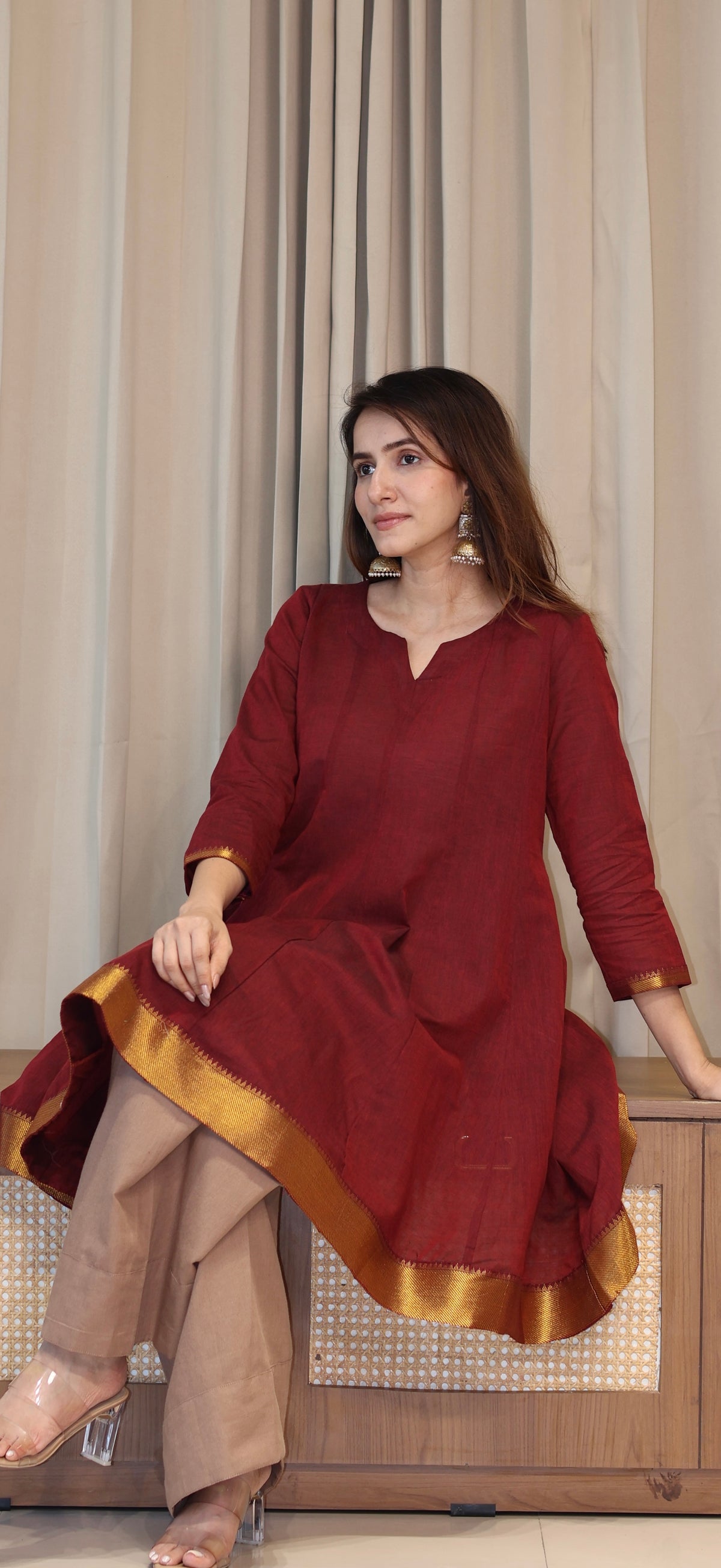 Dhvani Mangalgiri Cotton Kali Kurta Set With Nizam Border - Maroon