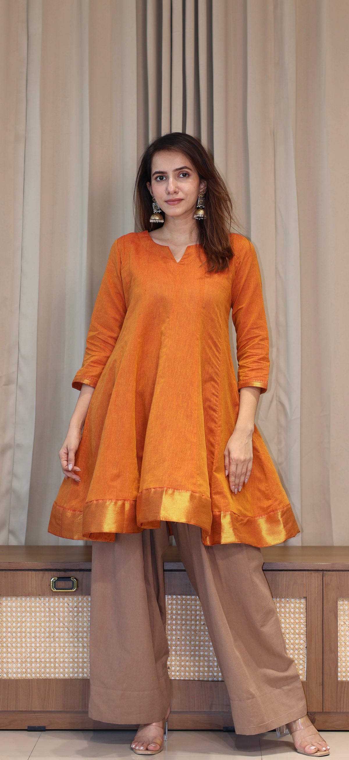 Farheen Mangalgiri Cotton Kali Kurta Set With Nizam Border - Orange