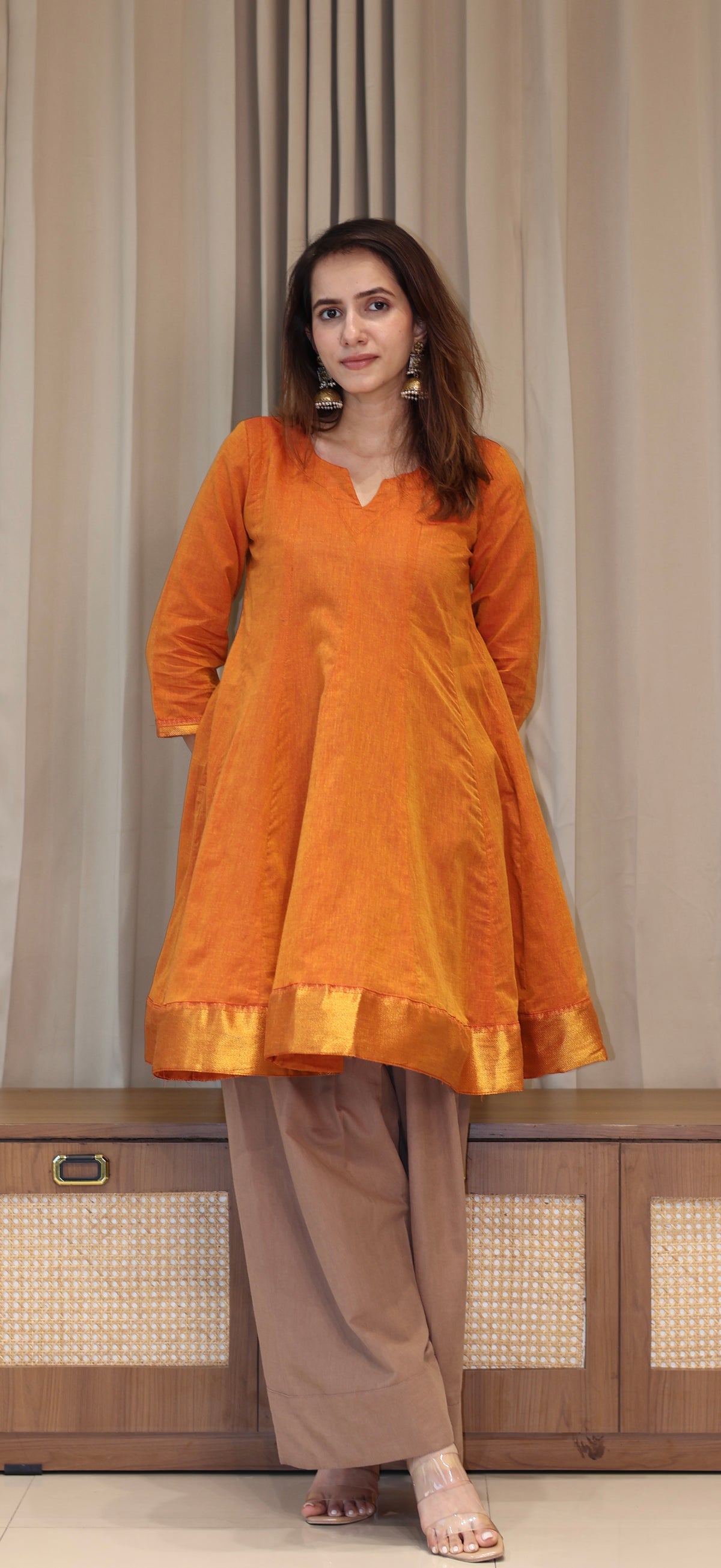 Farheen Mangalgiri Cotton Kali Kurta Set With Nizam Border - Orange
