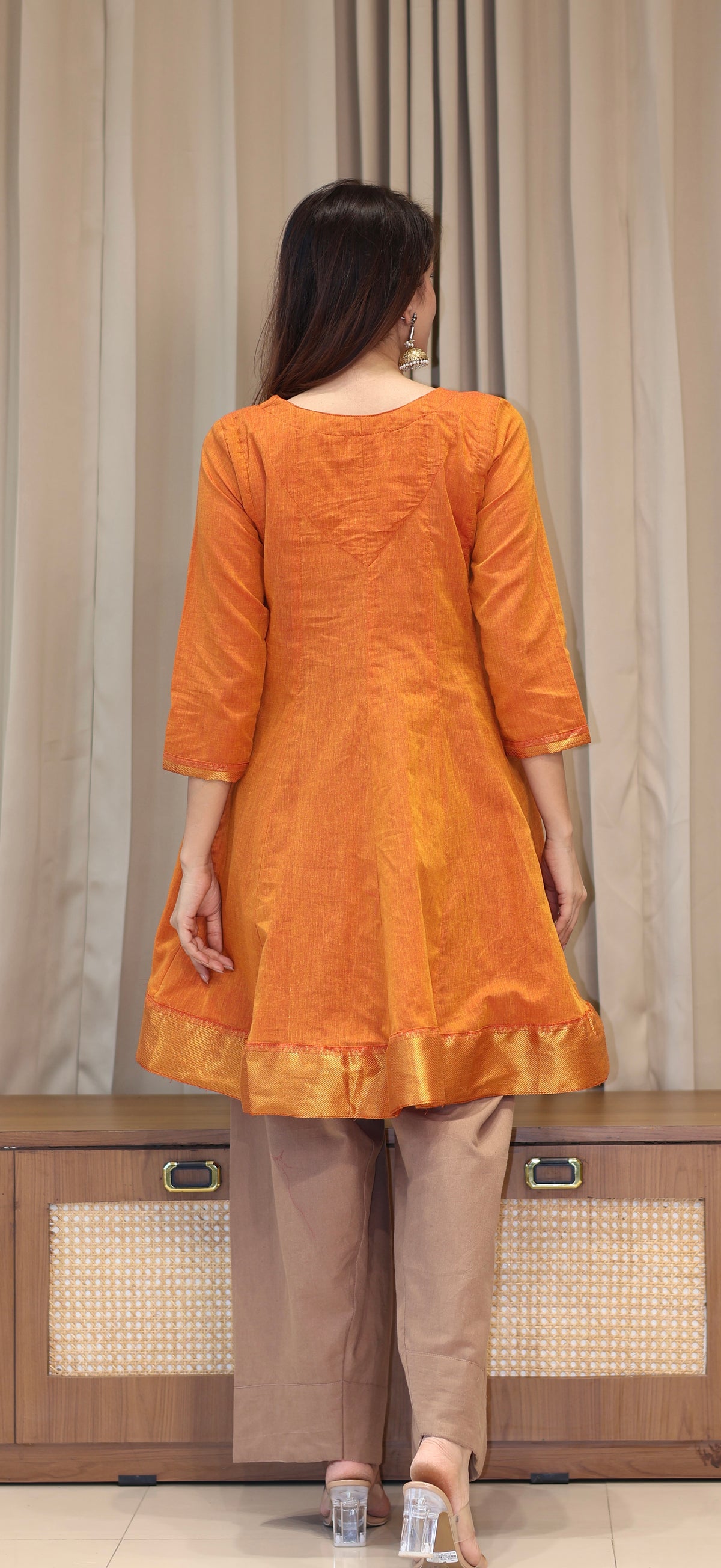 Farheen Mangalgiri Cotton Kali Kurta Set With Nizam Border - Orange