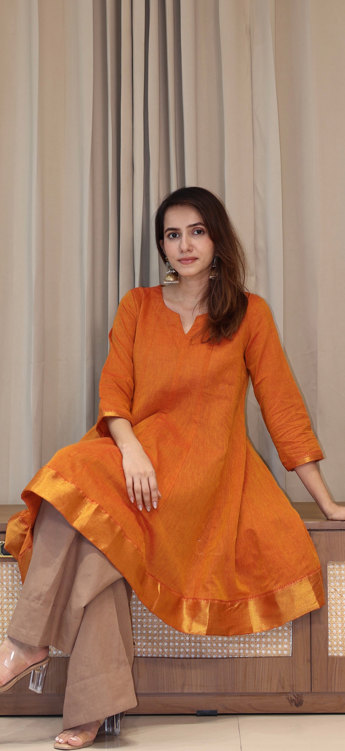 Farheen Mangalgiri Cotton Kali Kurta Set With Nizam Border - Orange