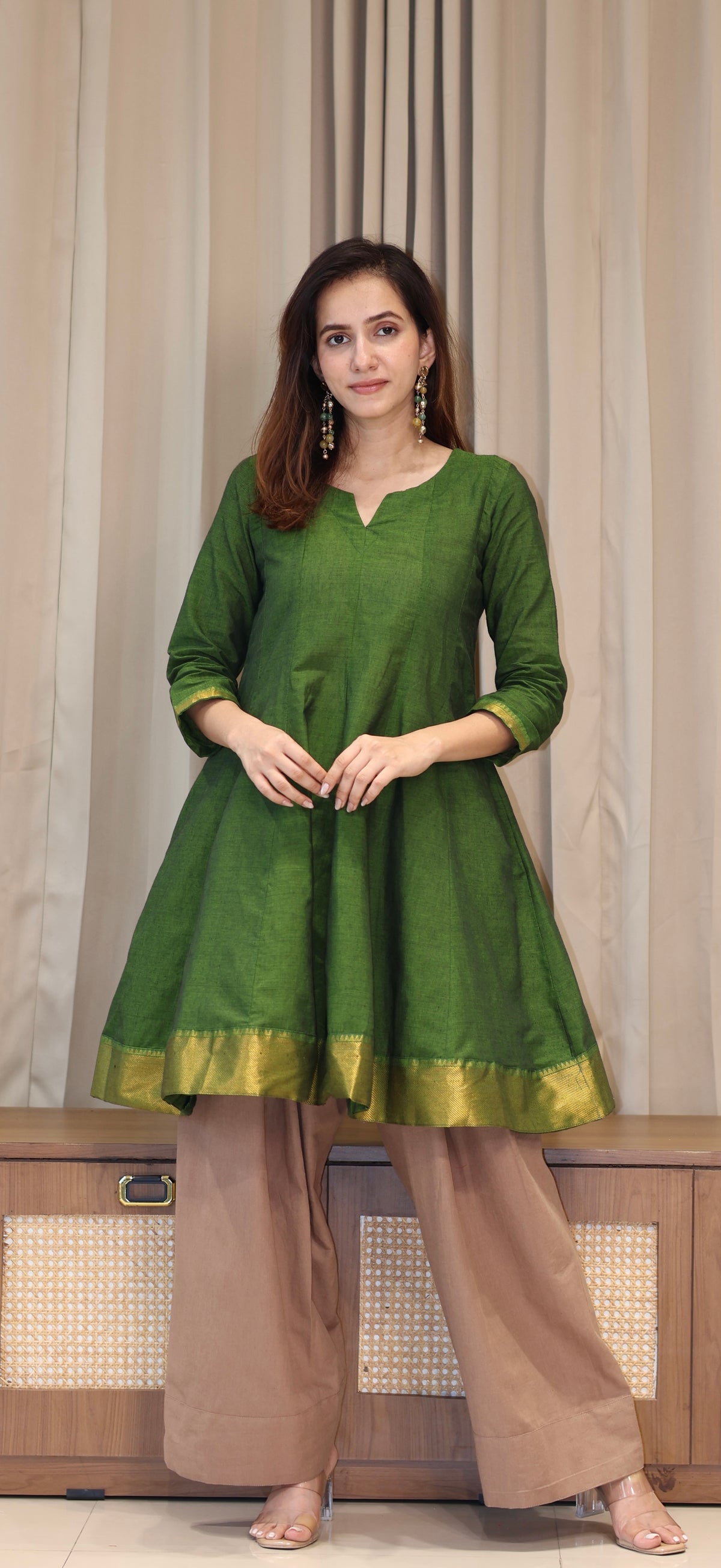 Nidhi Mangalgiri Cotton Kali Kurta Set With Nizam Border - Dark Green
