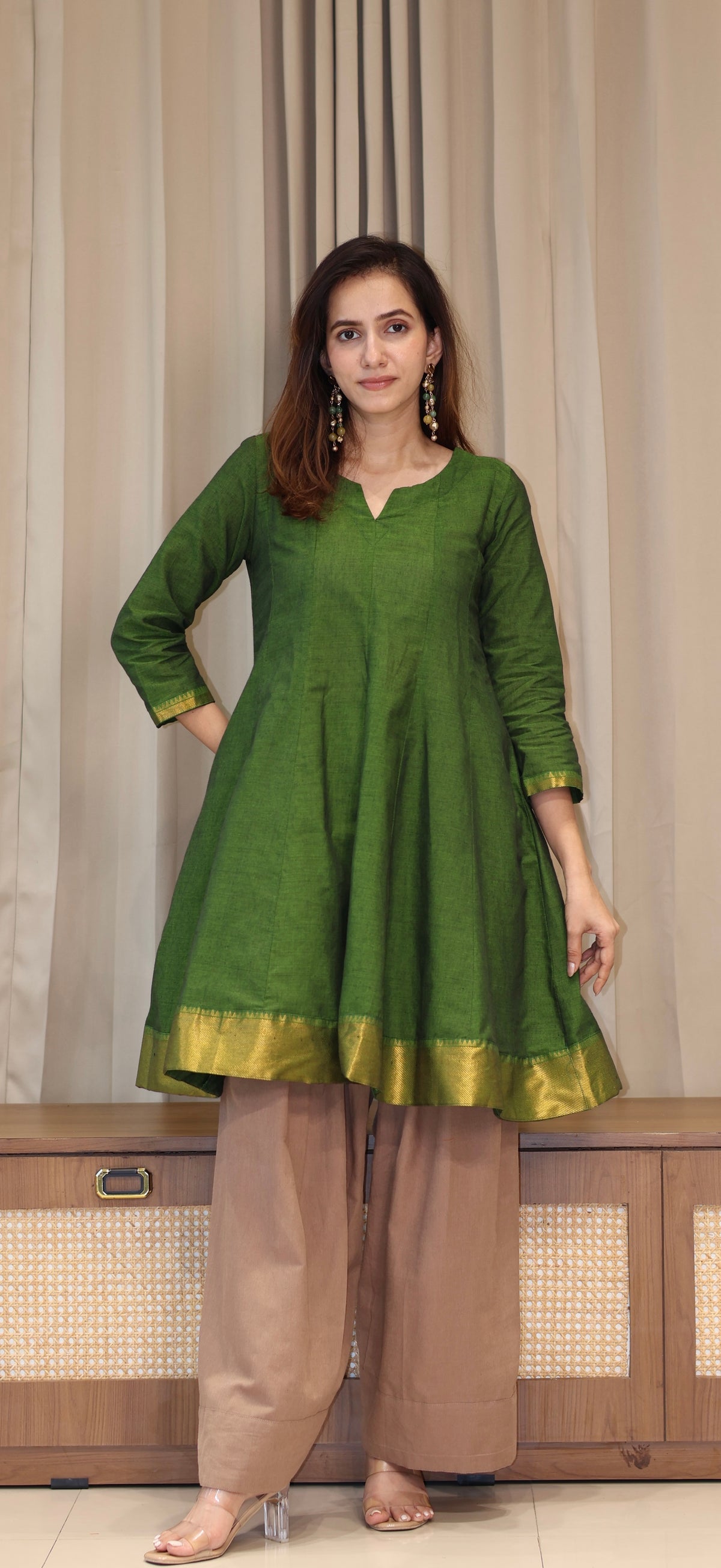 Nidhi Mangalgiri Cotton Kali Kurta Set With Nizam Border - Dark Green