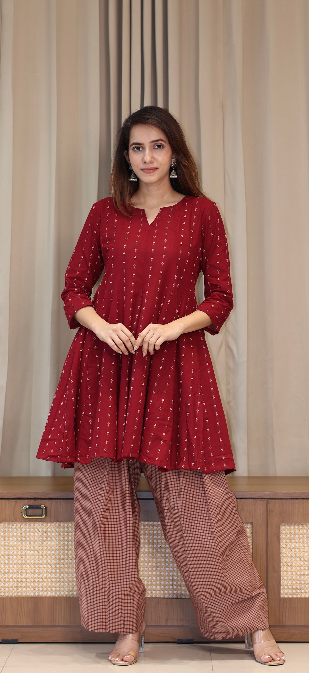Maroon/Beige Butti Handwoven Cotton Kali Kurta With Checkered Farsi Bottom