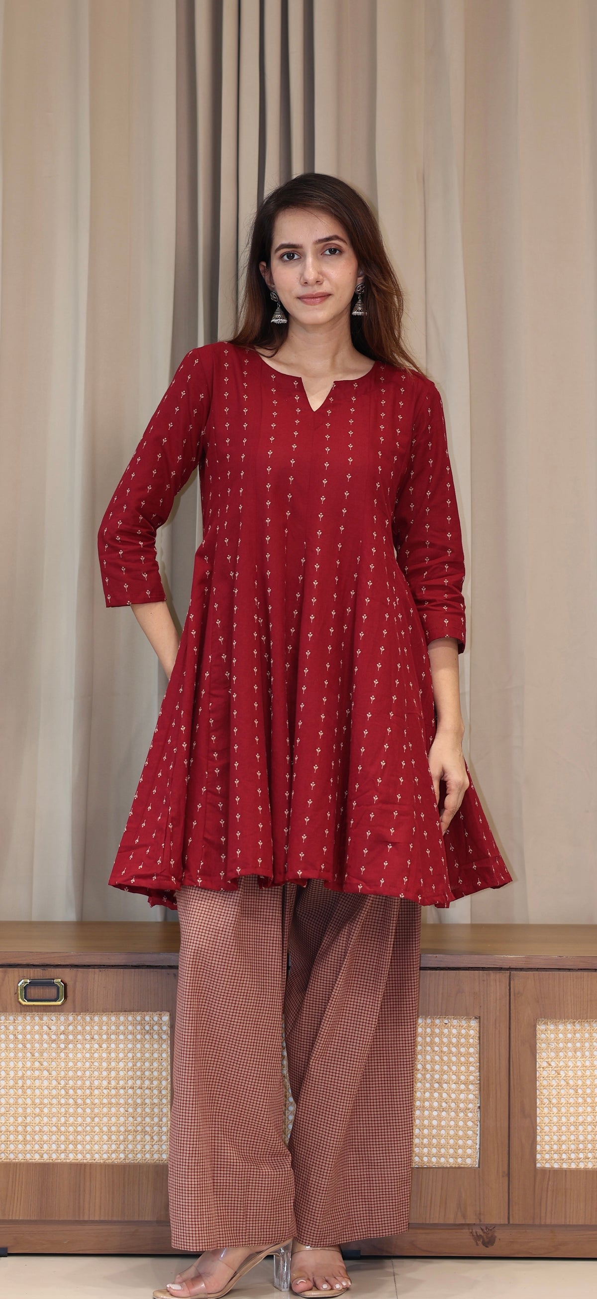 Maroon/Beige Butti Handwoven Cotton Kali Kurta With Checkered Farsi Bottom