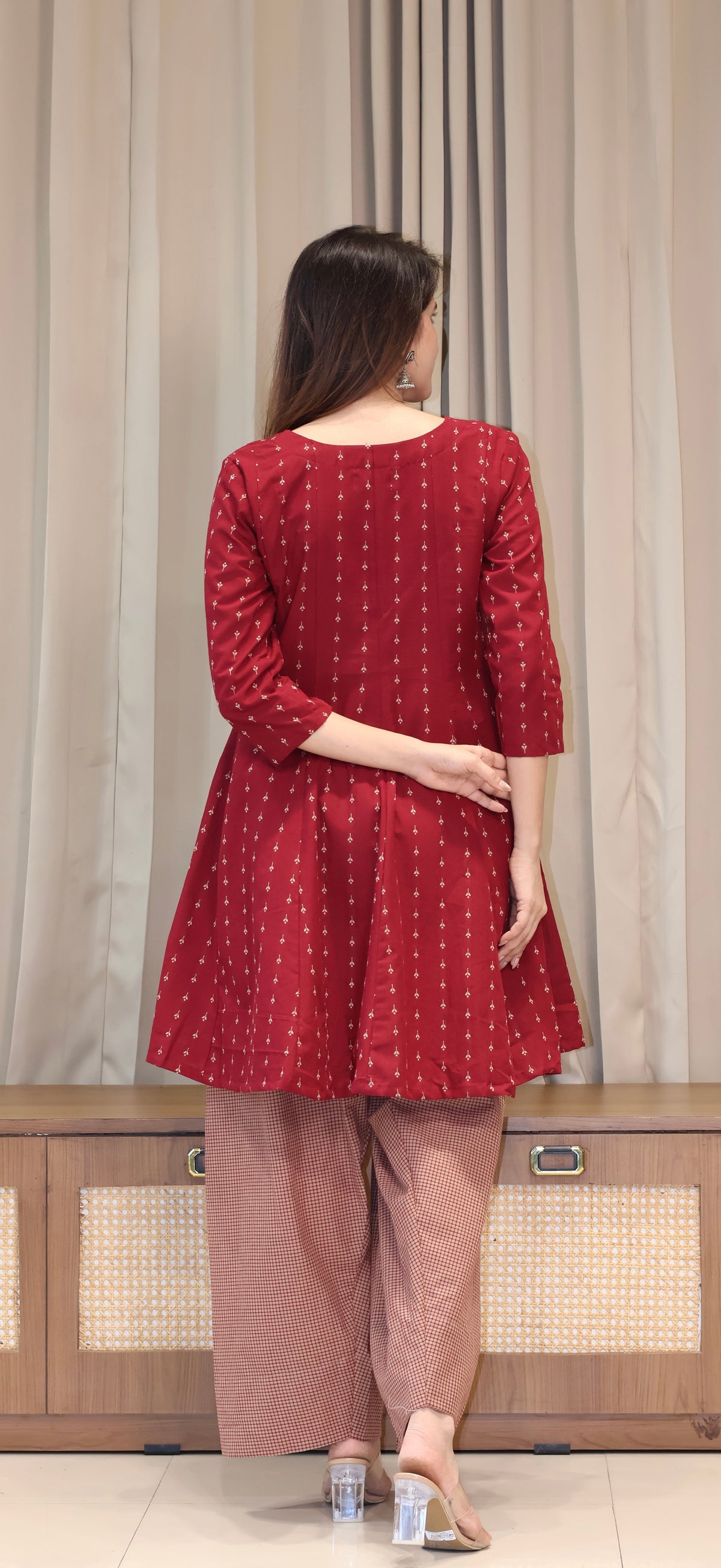 Maroon/Beige Butti Handwoven Cotton Kali Kurta With Checkered Farsi Bottom