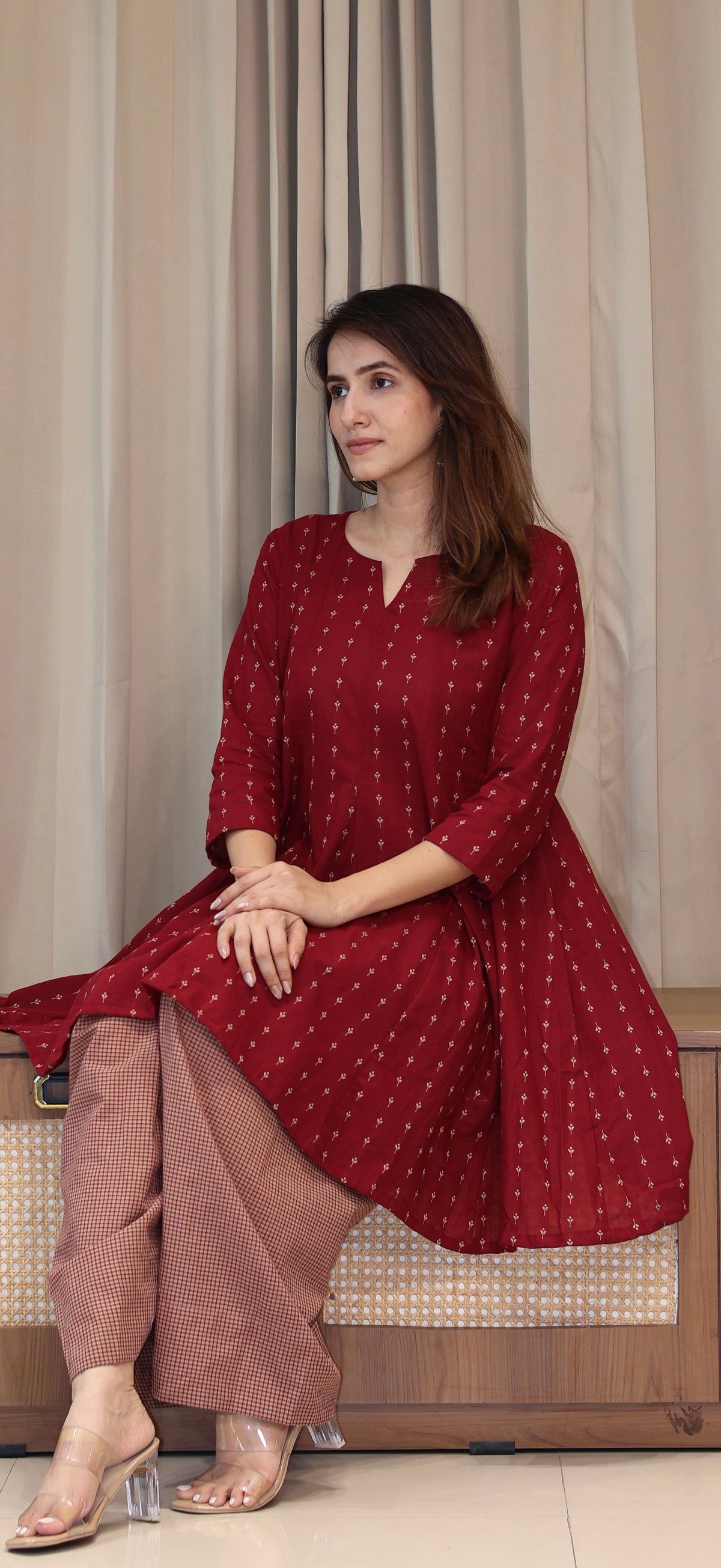 Maroon/Beige Butti Handwoven Cotton Kali Kurta With Checkered Farsi Bottom