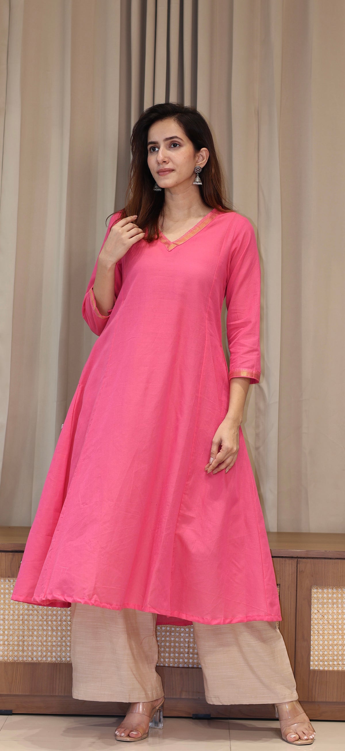 Tithya Mangalgiri Cotton Kali Kurta With Nizam Border - Rose Pink