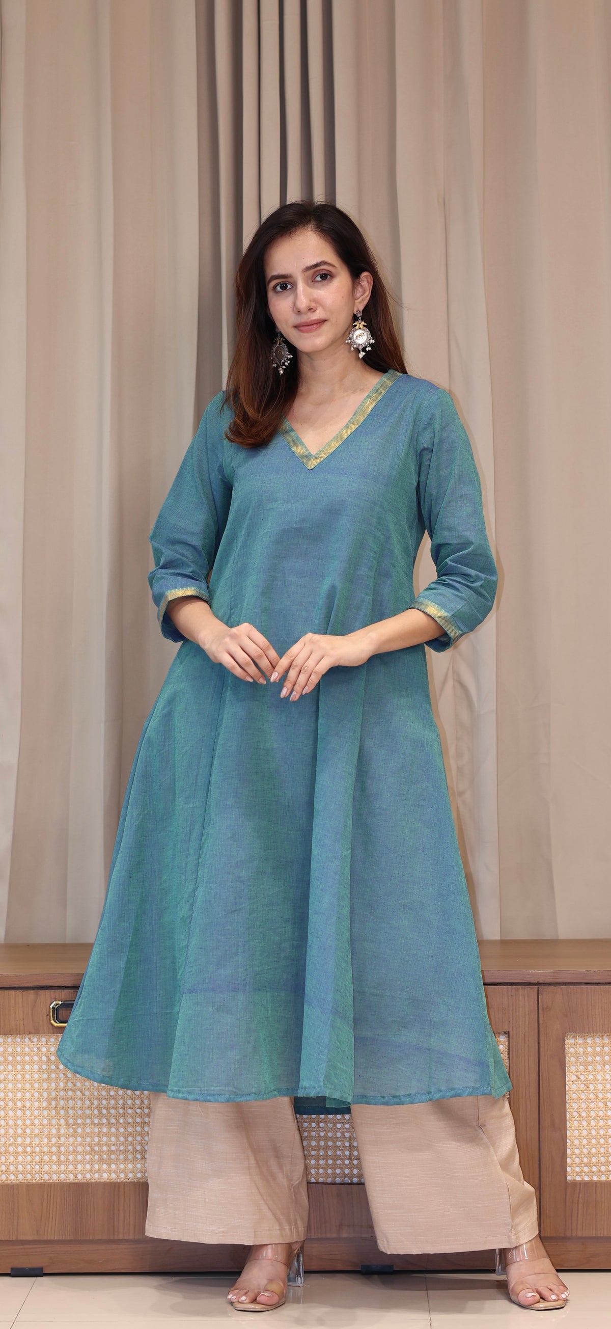 Shobha Mangalgiri Cotton Kali Kurta With Nizam Border - Blue