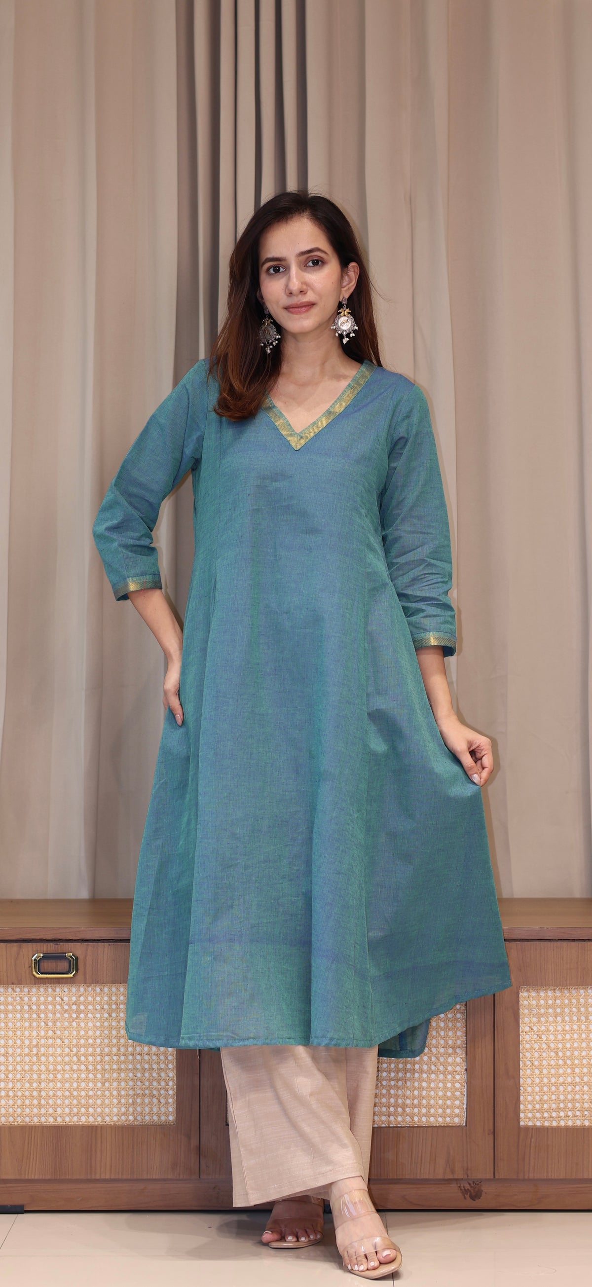 Shobha Mangalgiri Cotton Kali Kurta With Nizam Border - Blue