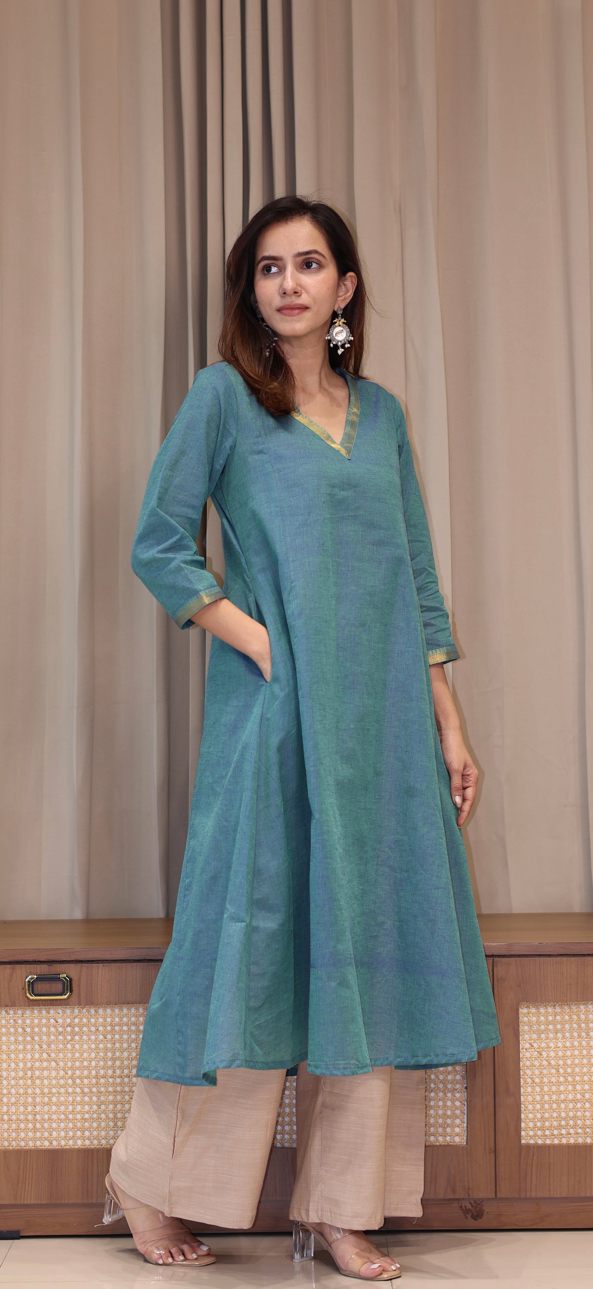 Shobha Mangalgiri Cotton Kali Kurta With Nizam Border - Blue