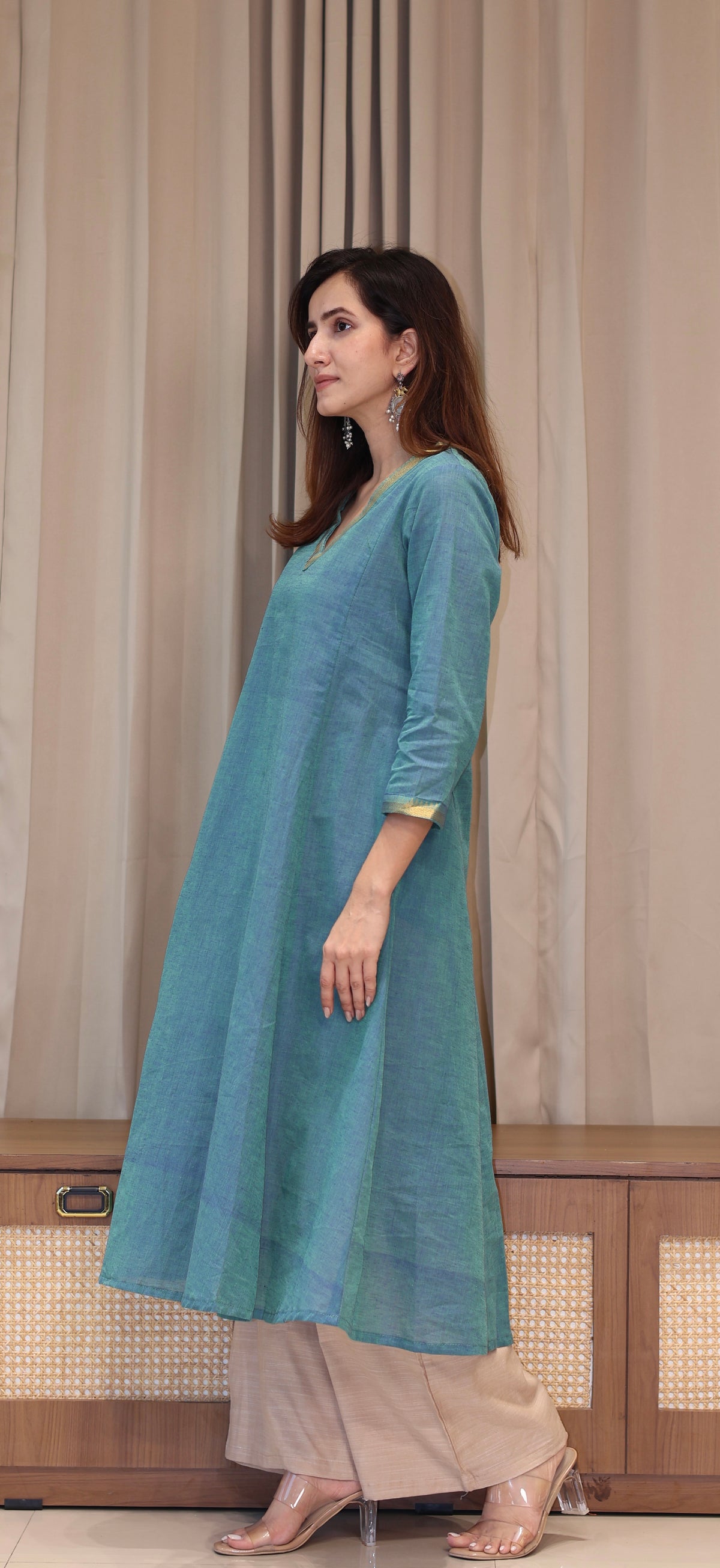 Shobha Mangalgiri Cotton Kali Kurta With Nizam Border - Blue