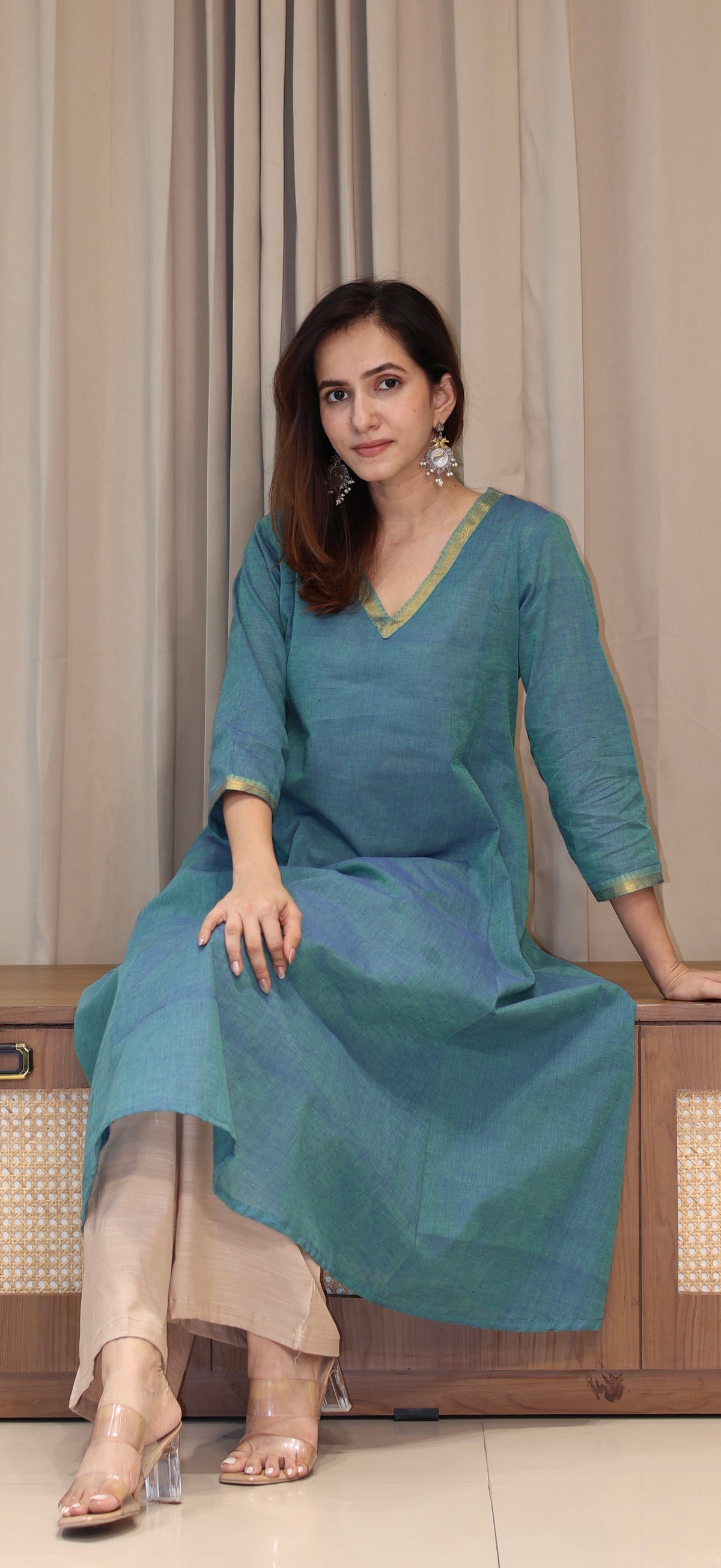 Shobha Mangalgiri Cotton Kali Kurta With Nizam Border - Blue