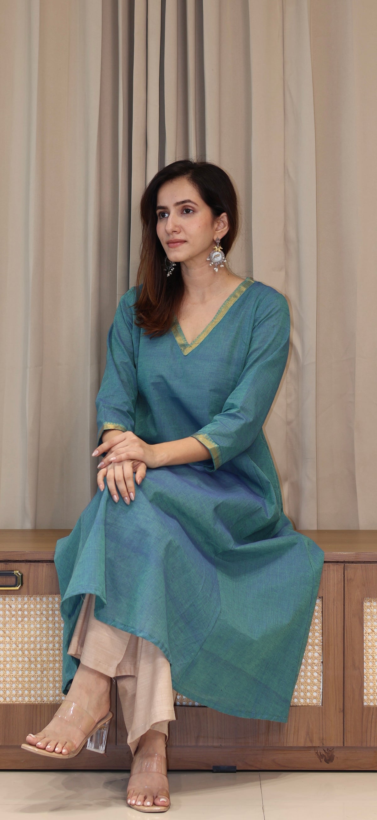 Shobha Mangalgiri Cotton Kali Kurta With Nizam Border - Blue