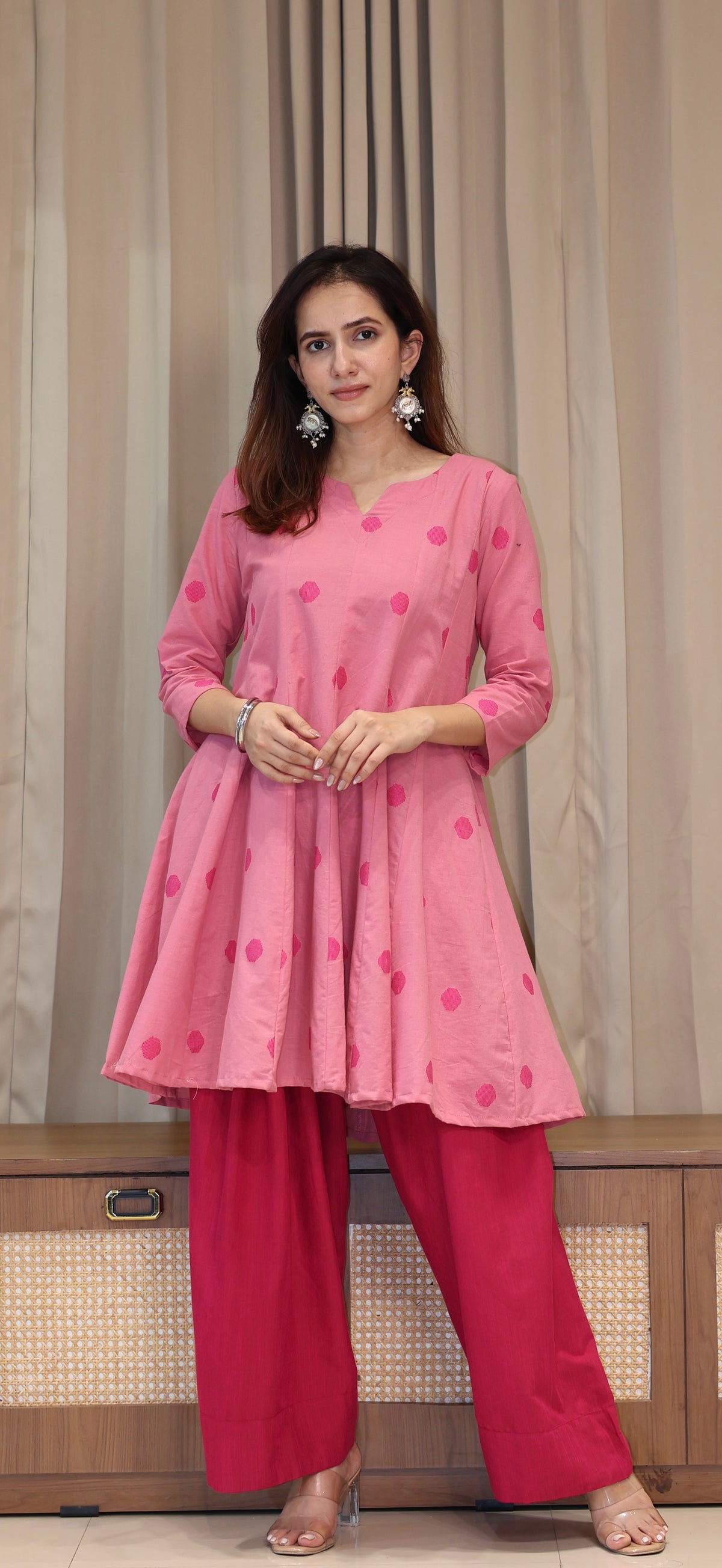 Kajol Handwoven Cotton Kali Kurta Set - Pink