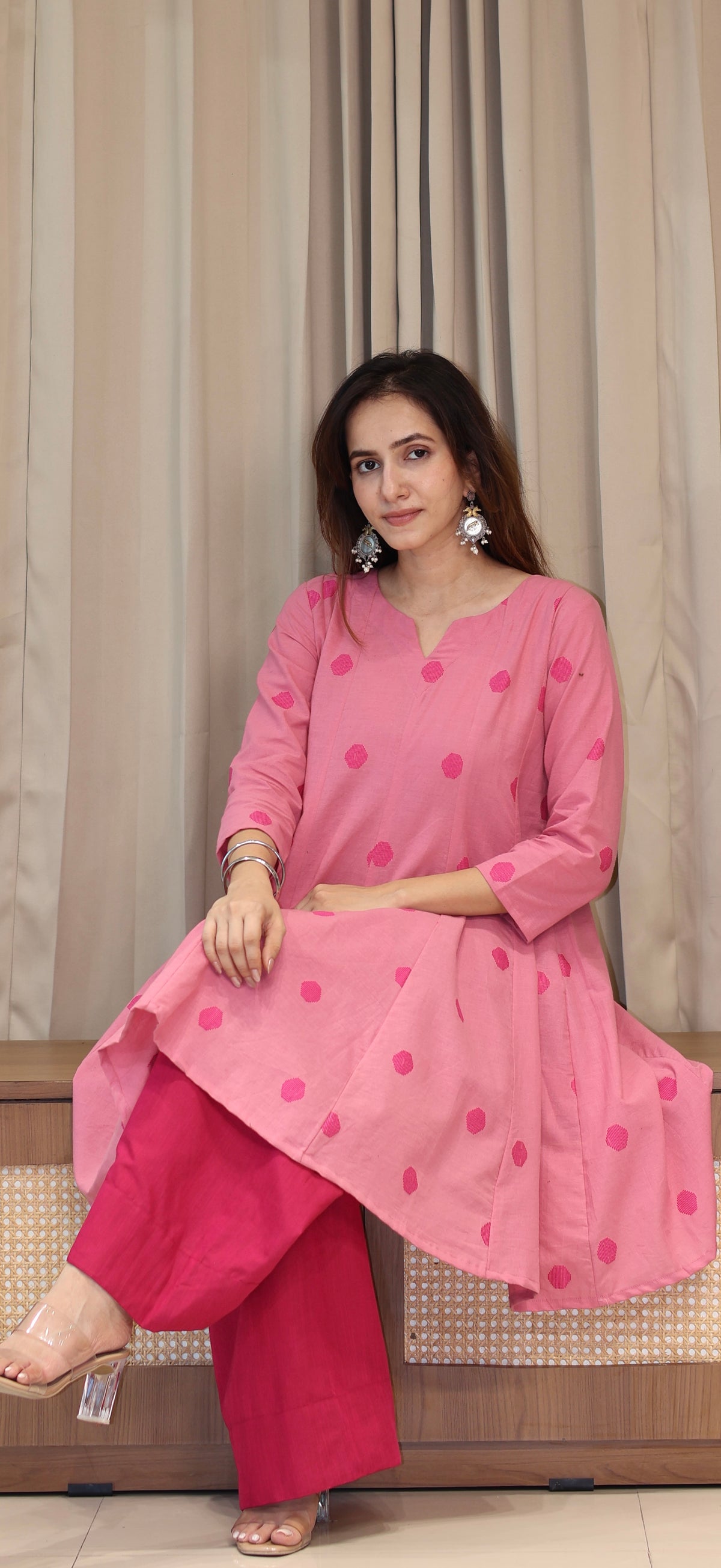 Kajol Handwoven Cotton Kali Kurta Set - Pink