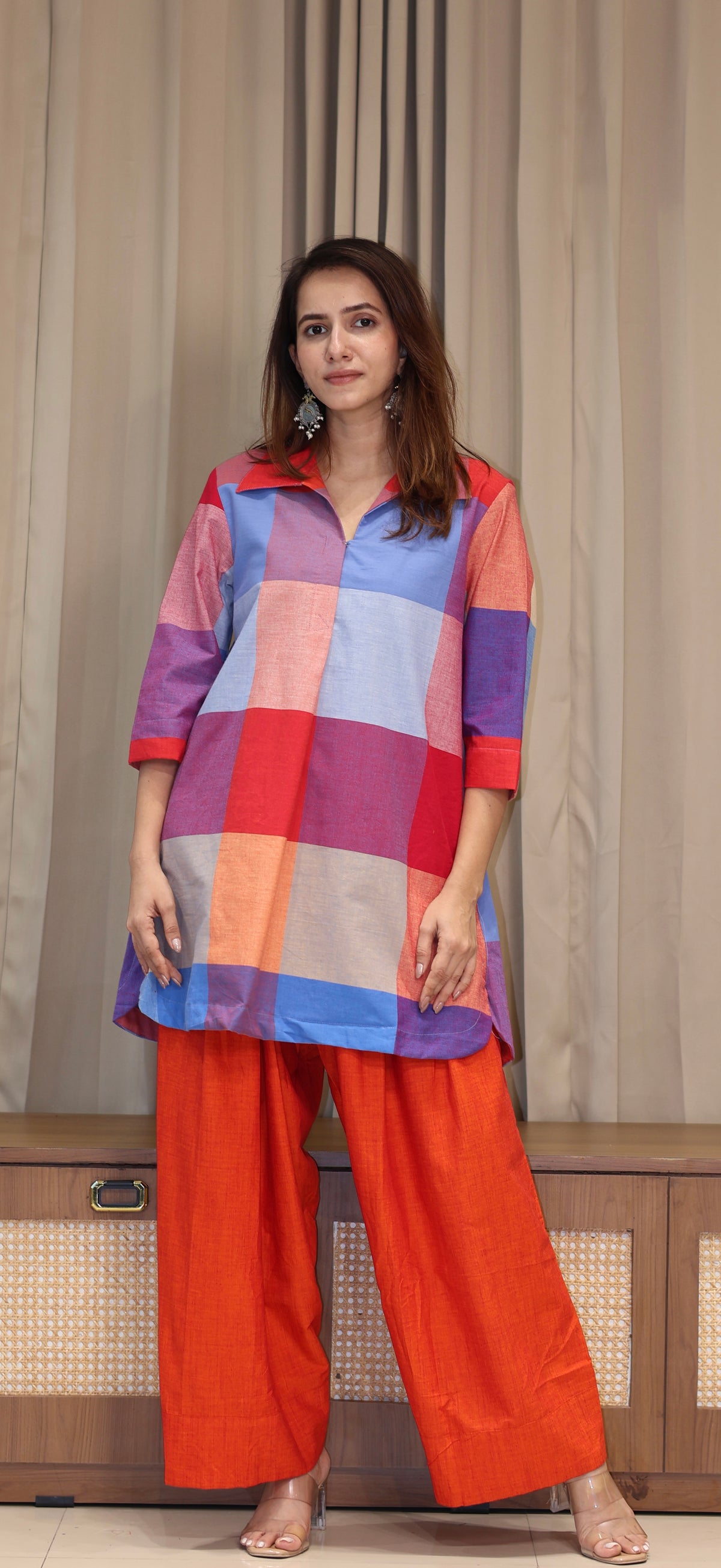 Stuti Madras Checks Handwoven Cotton Kurta Set - Multi Colour/Orange