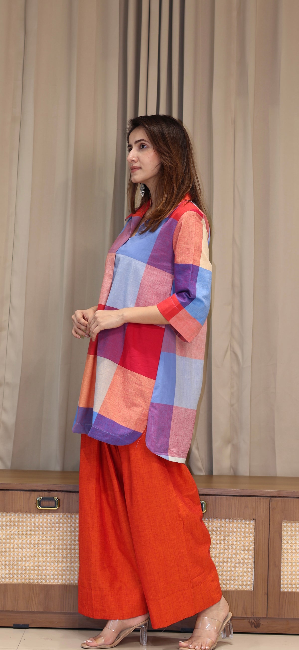 Stuti Madras Checks Handwoven Cotton Kurta Set - Multi Colour/Orange