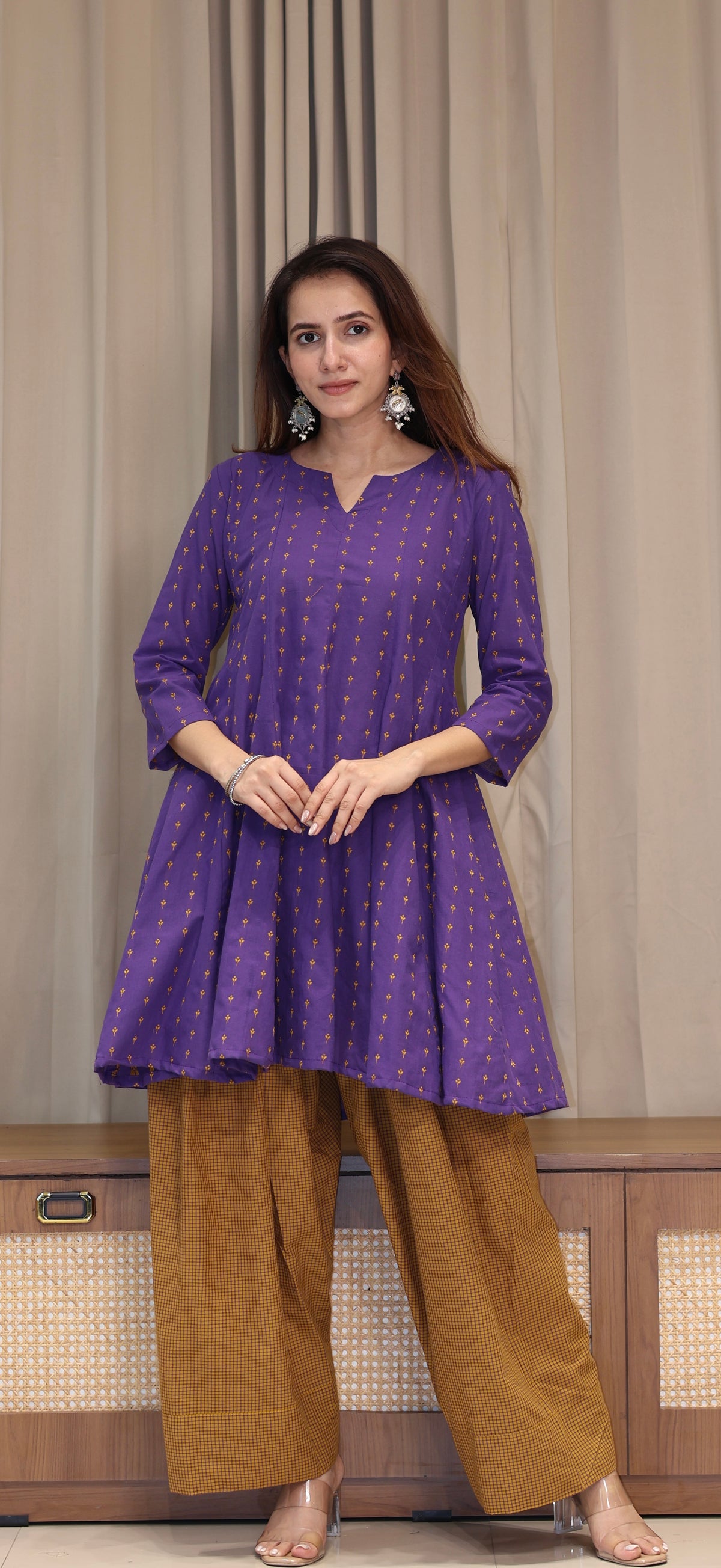 Purple/Yellow Butti Handwoven Cotton Kali Kurta With Checkered Farsi Bottom