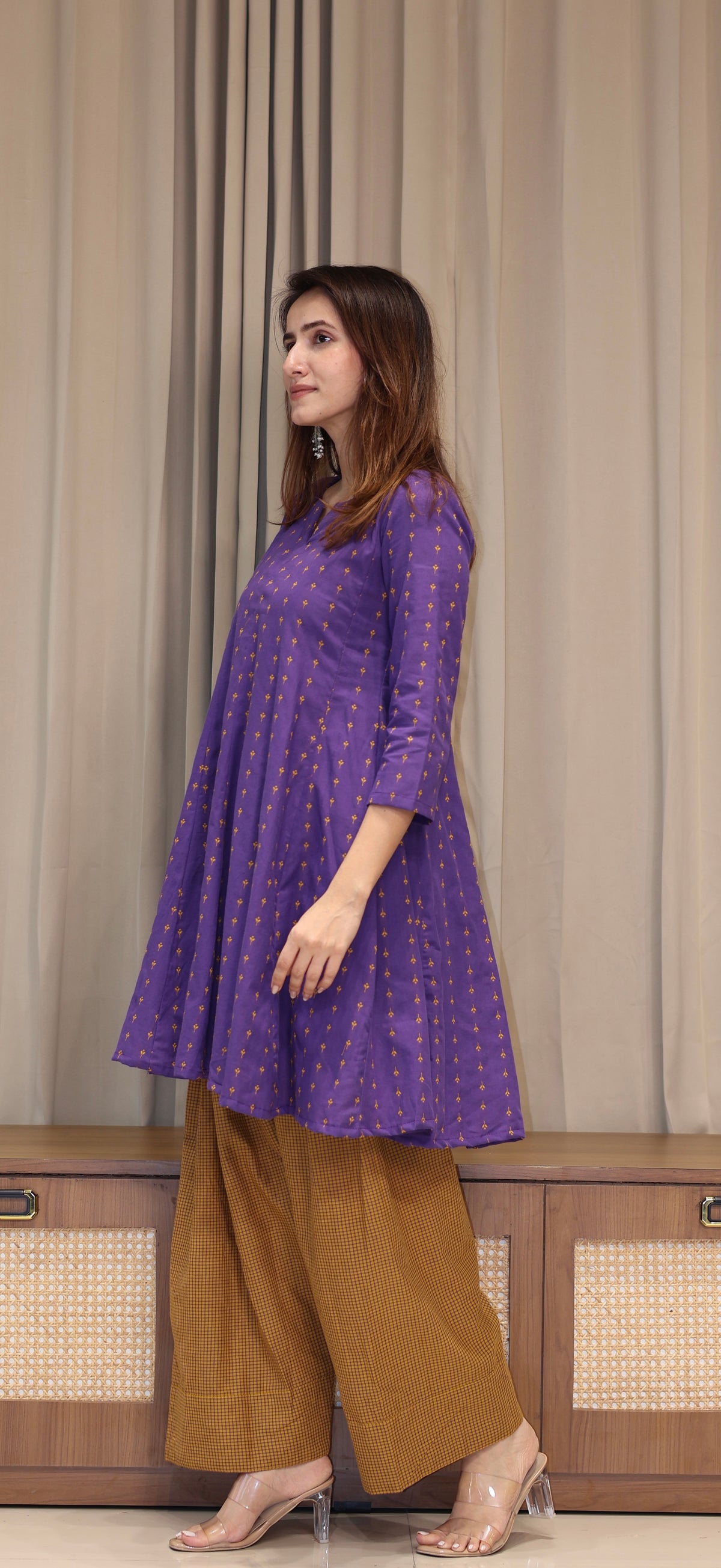 Purple/Yellow Butti Handwoven Cotton Kali Kurta With Checkered Farsi Bottom