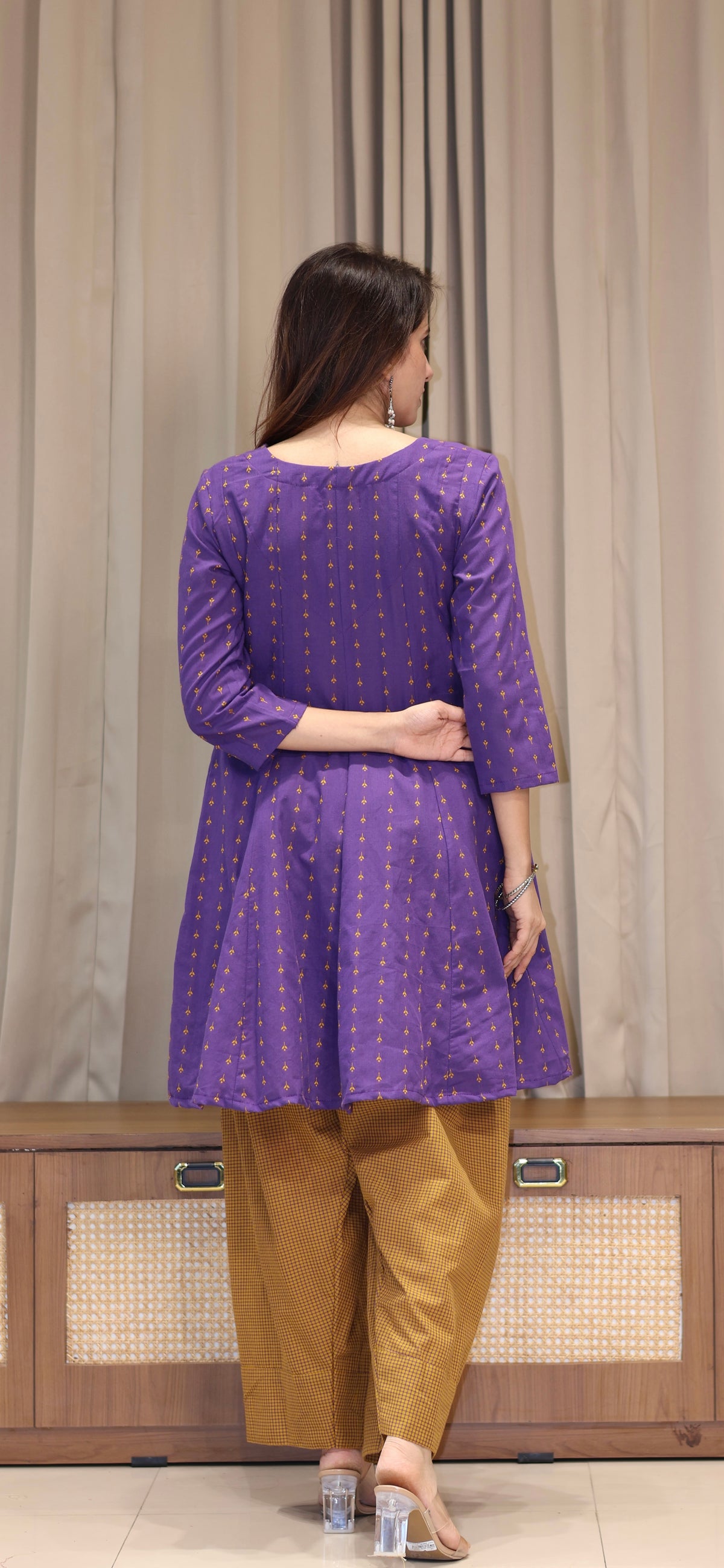 Purple/Yellow Butti Handwoven Cotton Kali Kurta With Checkered Farsi Bottom