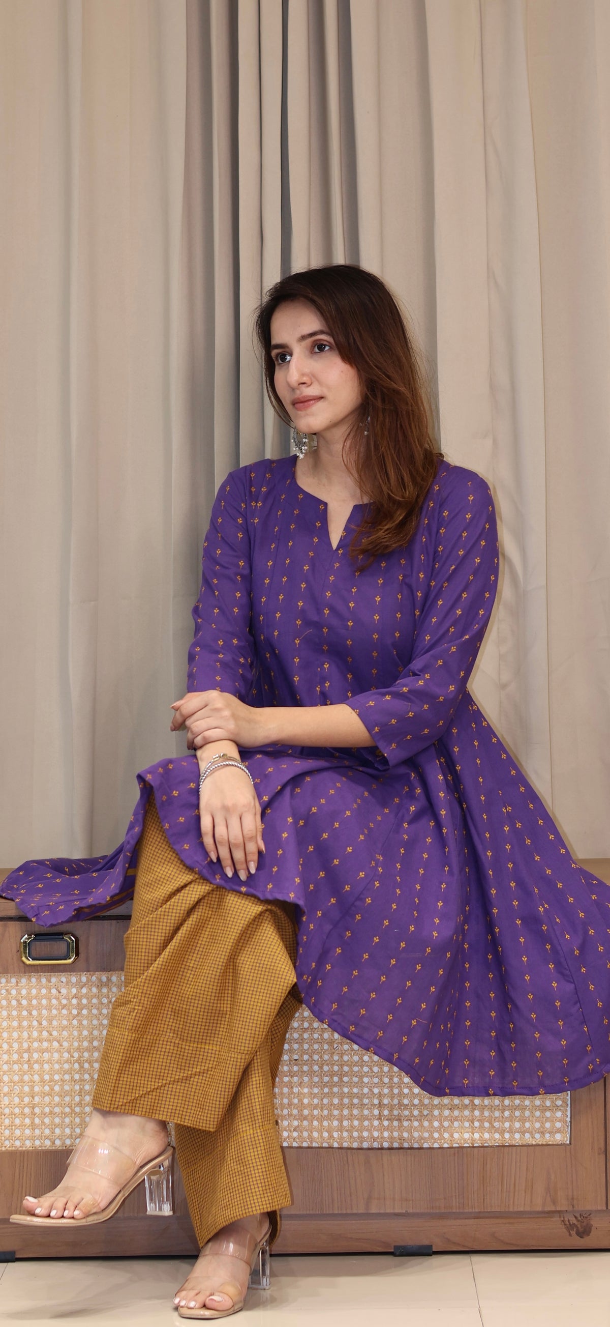 Purple/Yellow Butti Handwoven Cotton Kali Kurta With Checkered Farsi Bottom