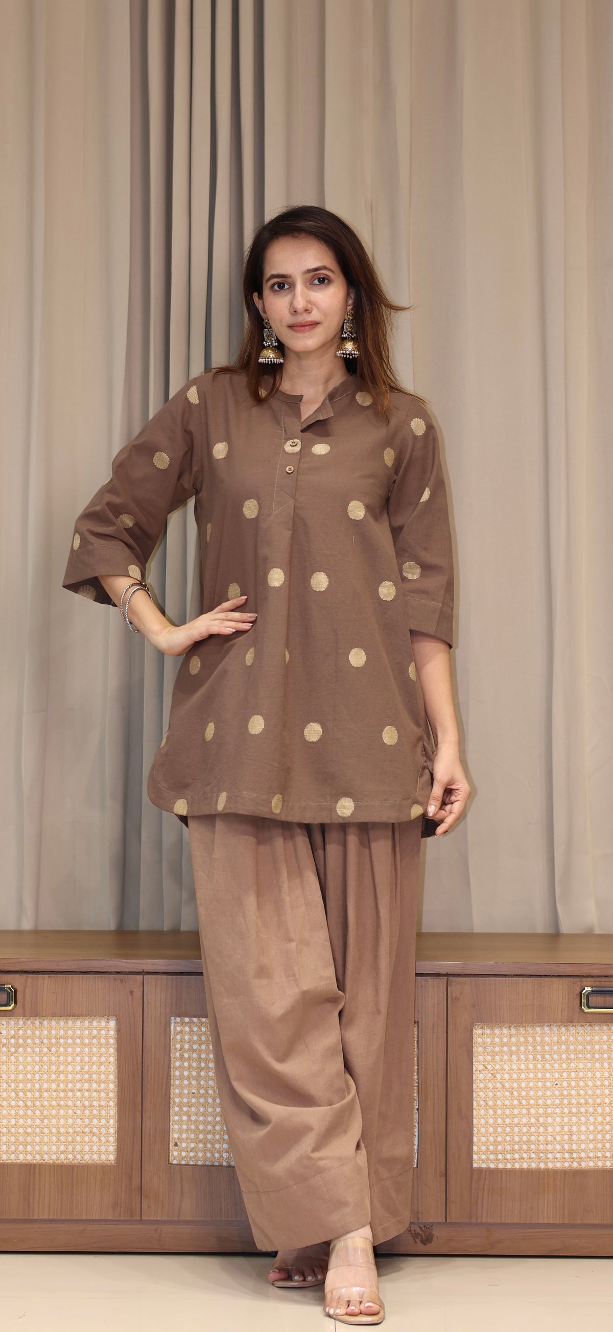 Vidhi Handwoven Cotton Kali Kurta Set - Brown