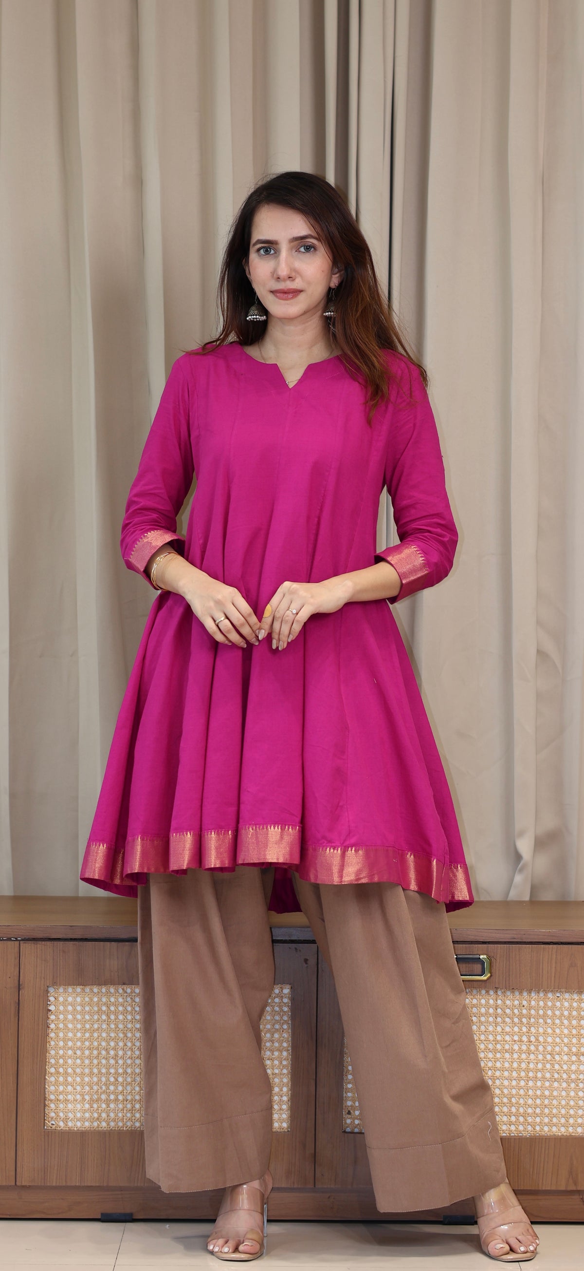 Simran Mangalgiri Cotton Kali Kurta Set With Nizam Border - Rani Pink