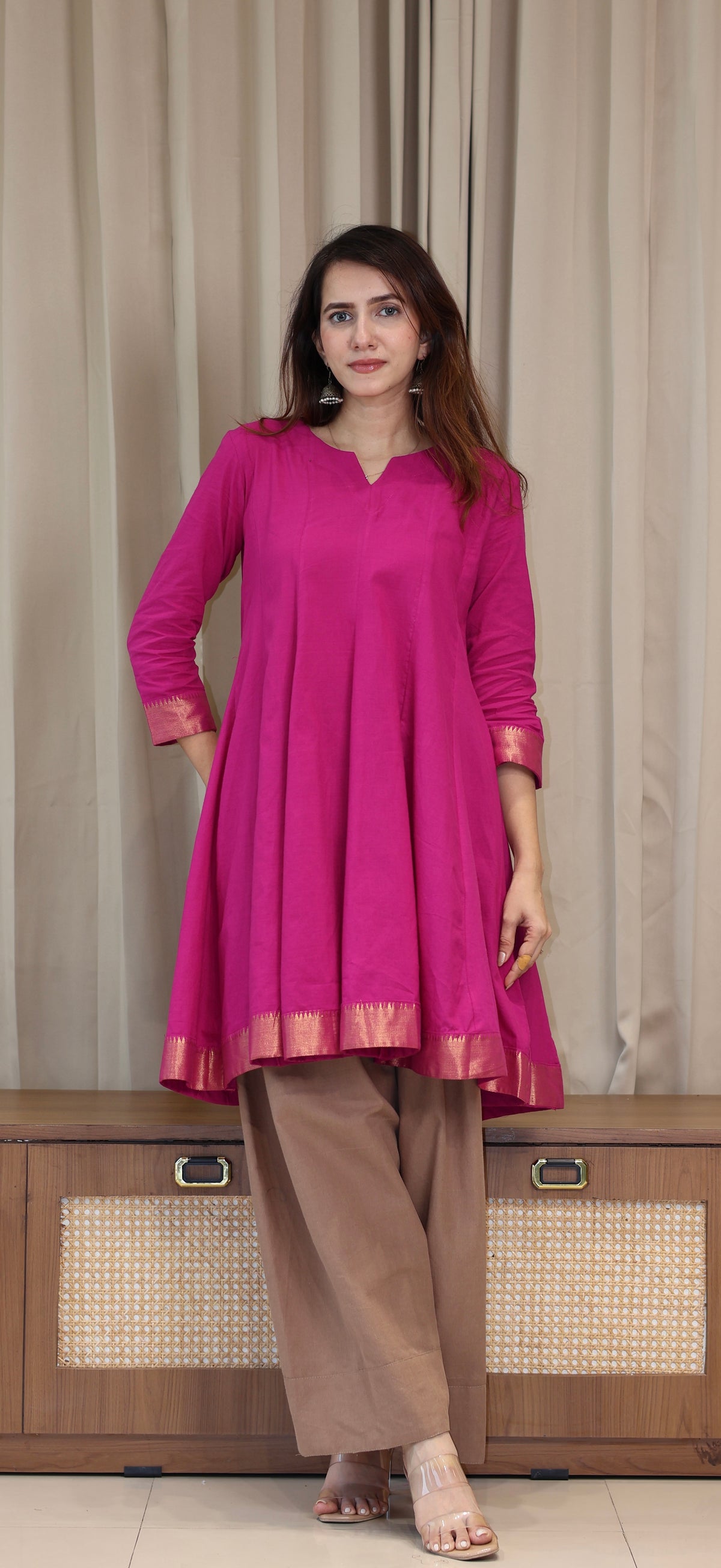Simran Mangalgiri Cotton Kali Kurta Set With Nizam Border - Rani Pink