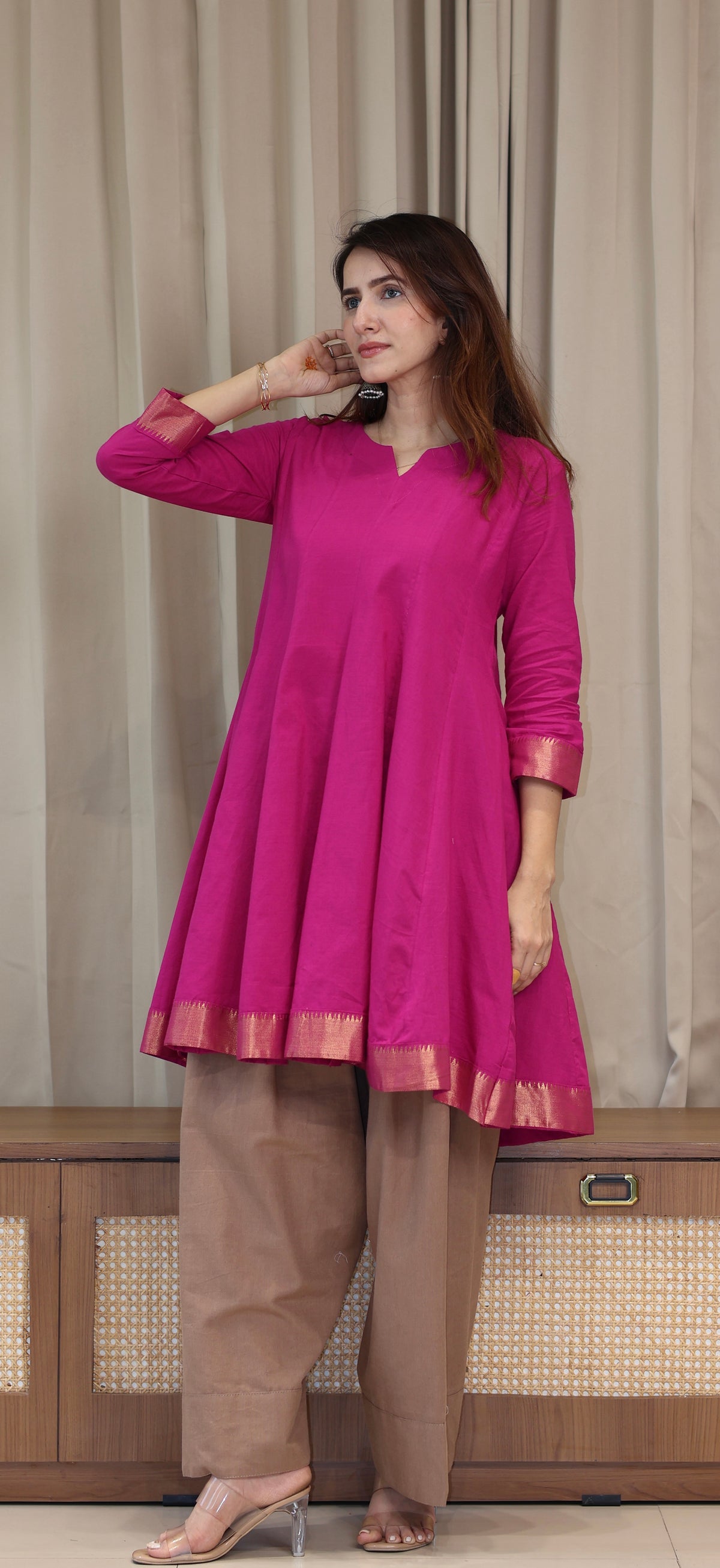 Simran Mangalgiri Cotton Kali Kurta Set With Nizam Border - Rani Pink