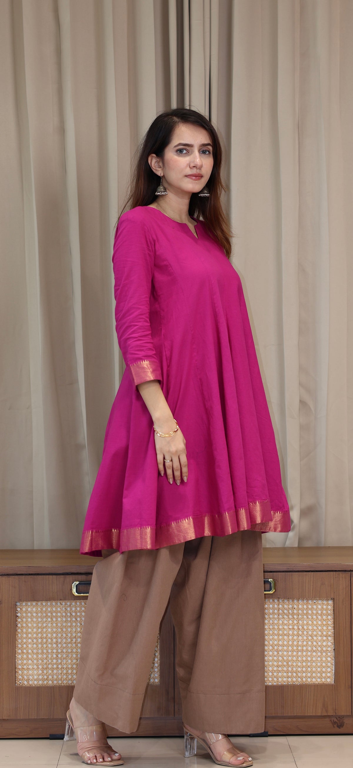 Simran Mangalgiri Cotton Kali Kurta Set With Nizam Border - Rani Pink