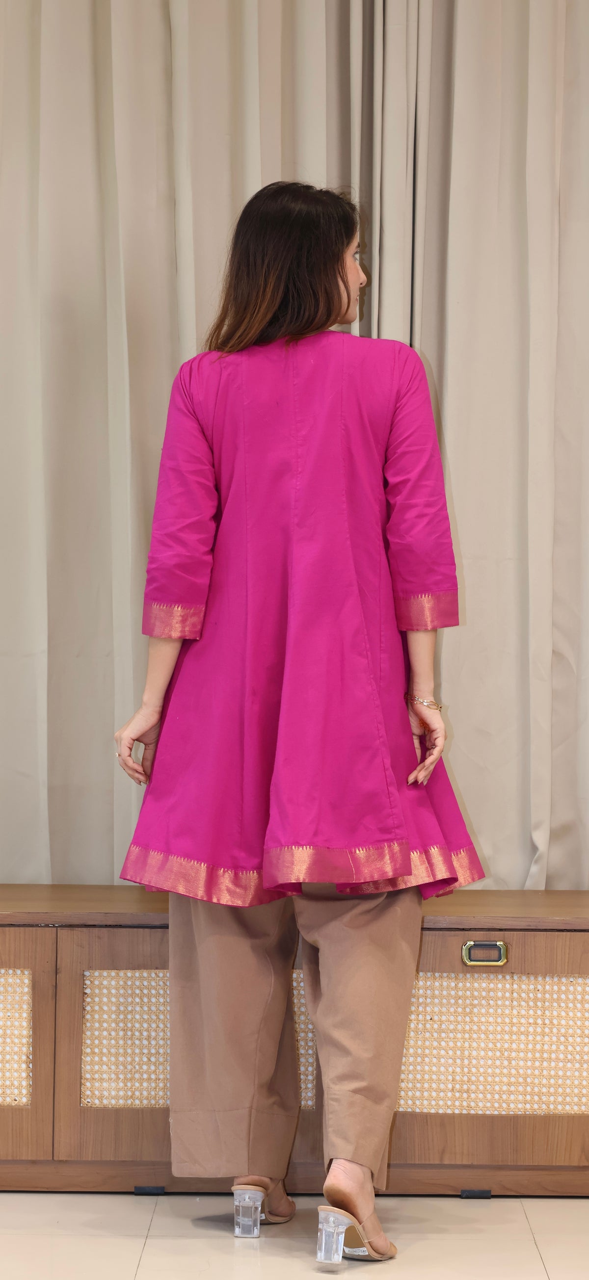 Simran Mangalgiri Cotton Kali Kurta Set With Nizam Border - Rani Pink