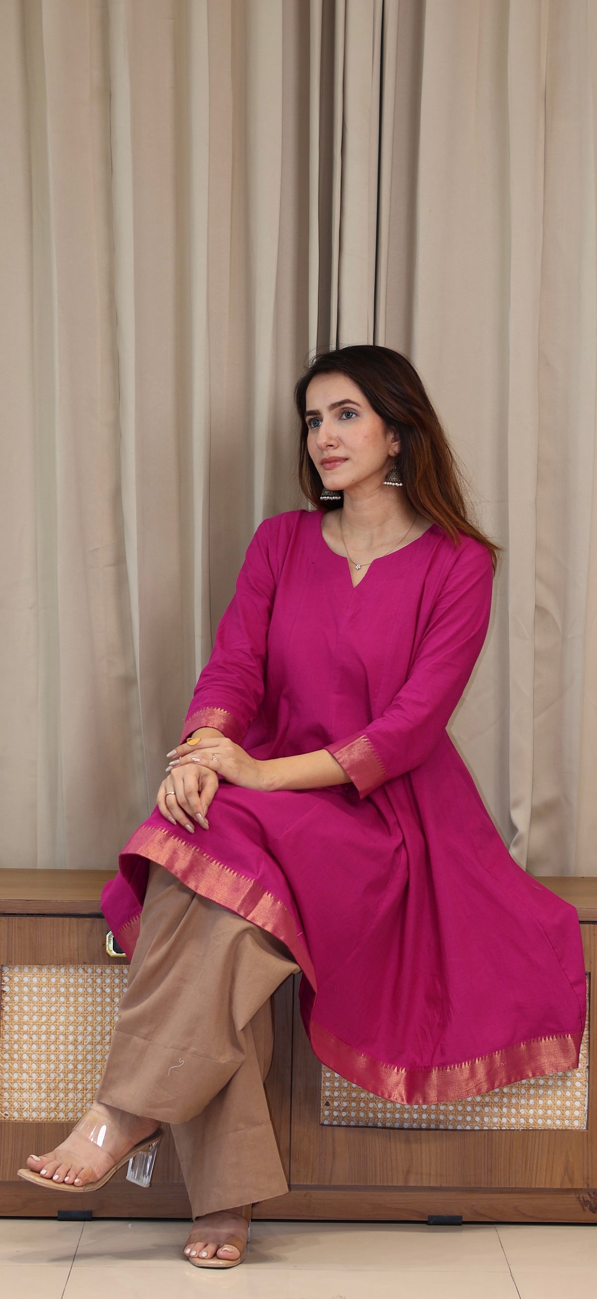 Simran Mangalgiri Cotton Kali Kurta Set With Nizam Border - Rani Pink