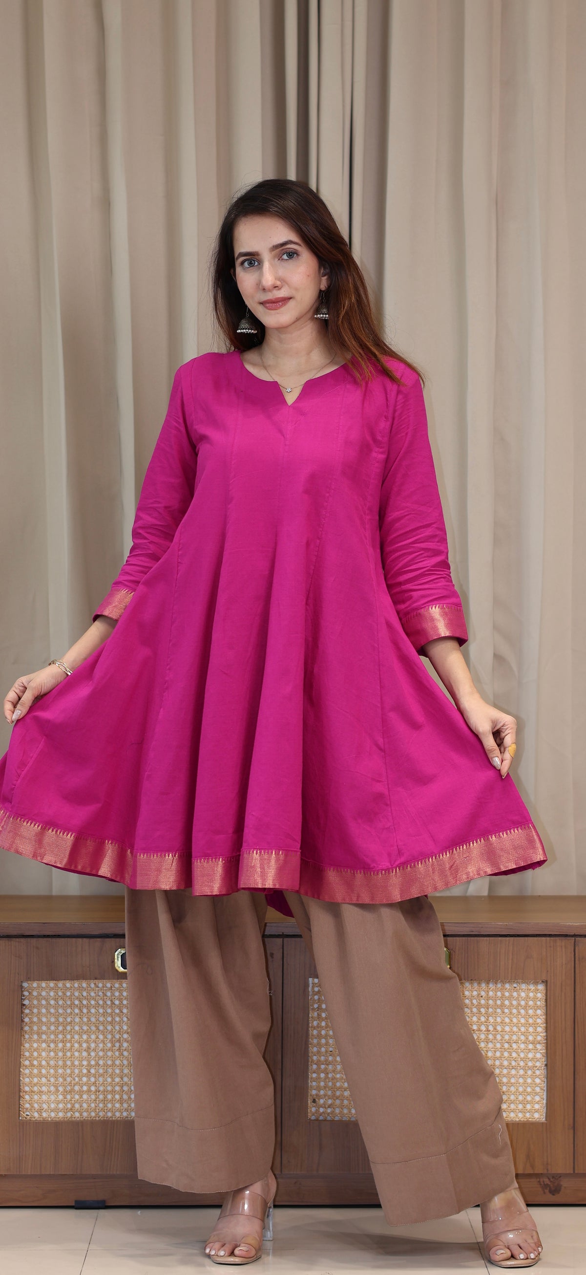 Simran Mangalgiri Cotton Kali Kurta Set With Nizam Border - Rani Pink