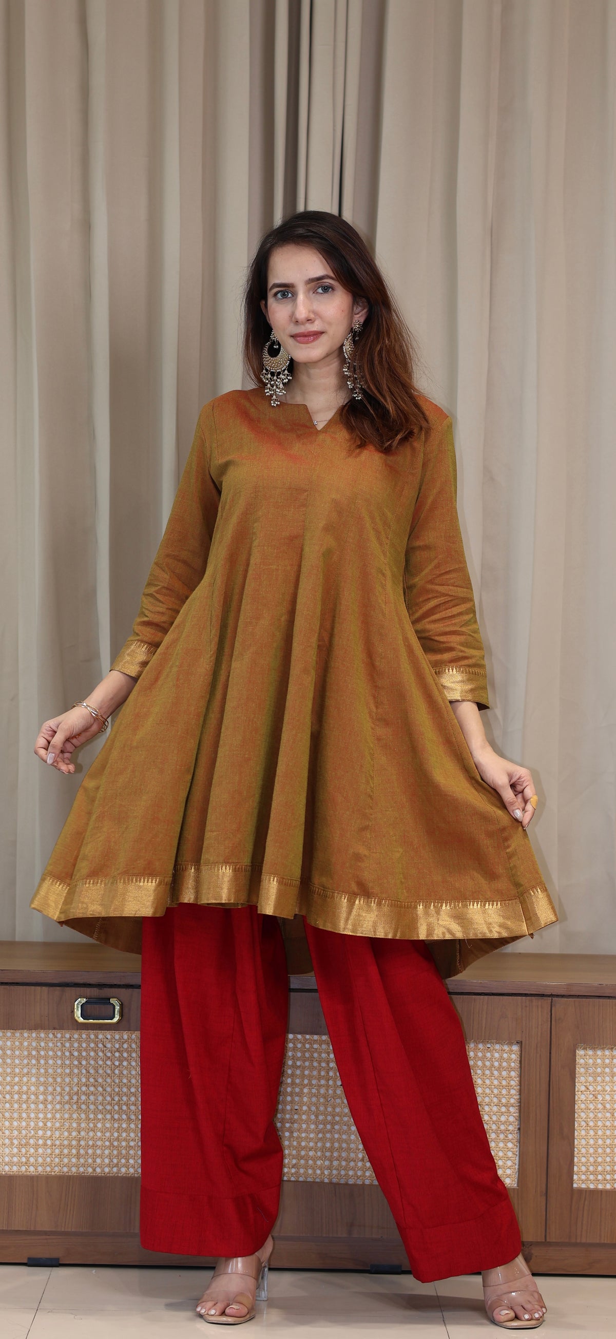 Esha Mangalgiri Cotton Kali Kurta Set With Nizam Border - Olive Bronze