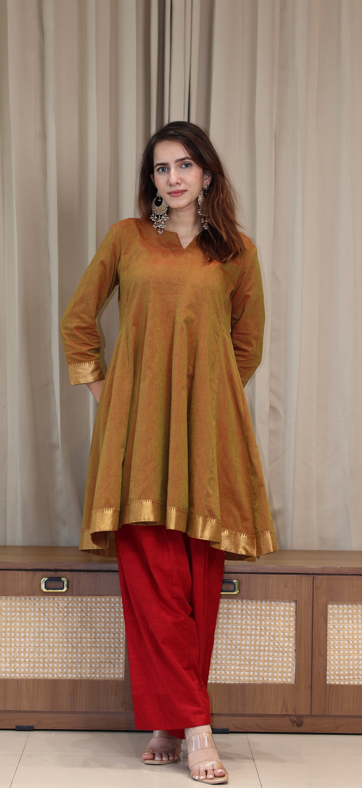 Esha Mangalgiri Cotton Kali Kurta Set With Nizam Border - Olive Bronze
