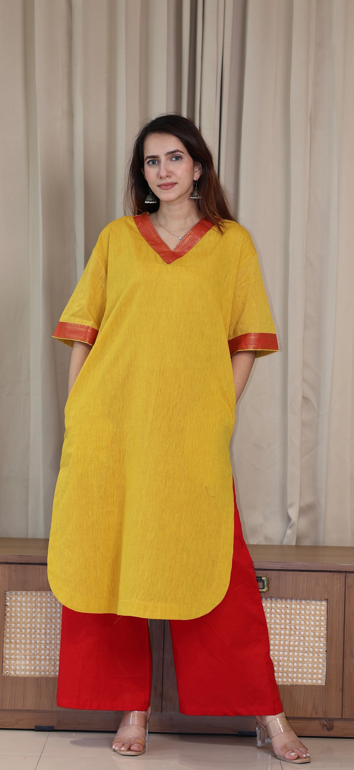 Manvi Mangalgiri Cotton Kali Kurta With Nizam Border - Yellow