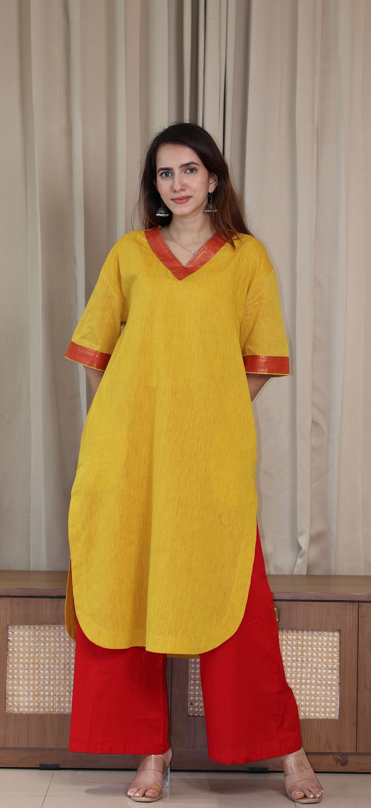 Manvi Mangalgiri Cotton Kali Kurta With Nizam Border - Yellow