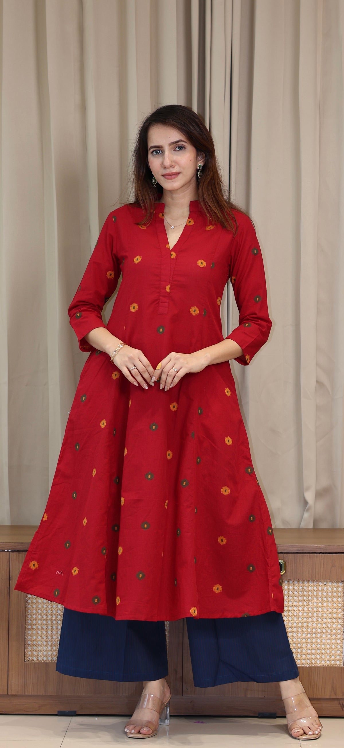 Spiti Handwoven Cotton Kurta- Red/Blue
