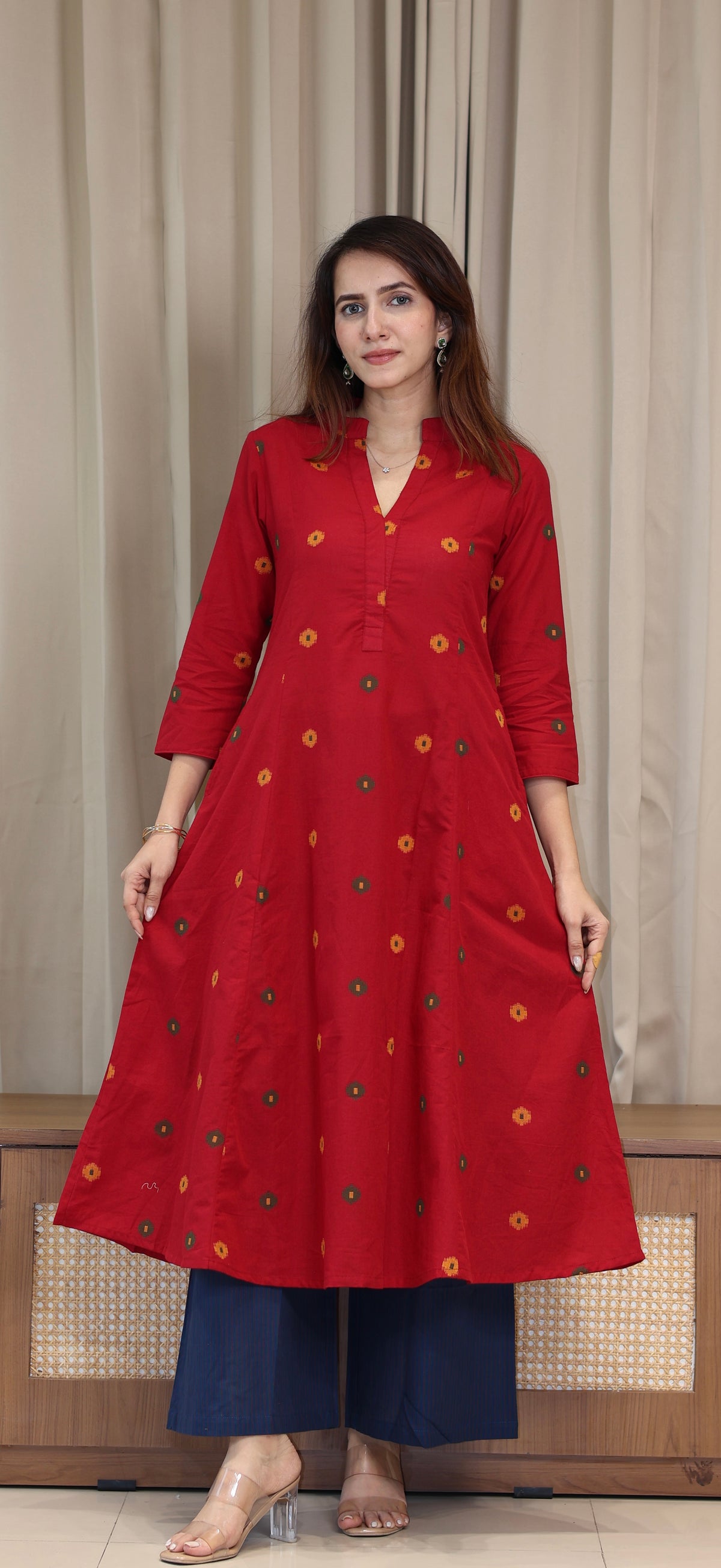 Spiti Handwoven Cotton Kurta- Red/Blue