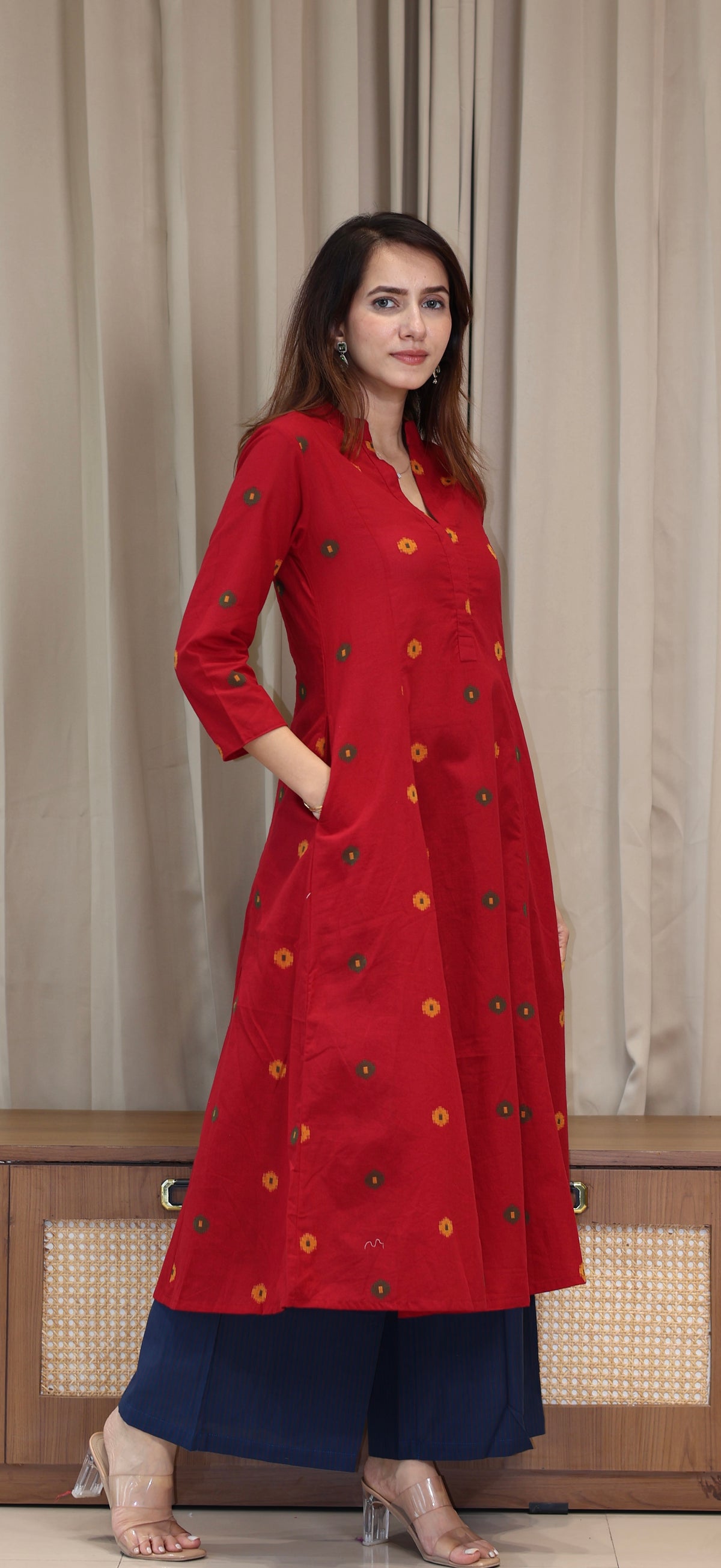 Spiti Handwoven Cotton Kurta- Red/Blue