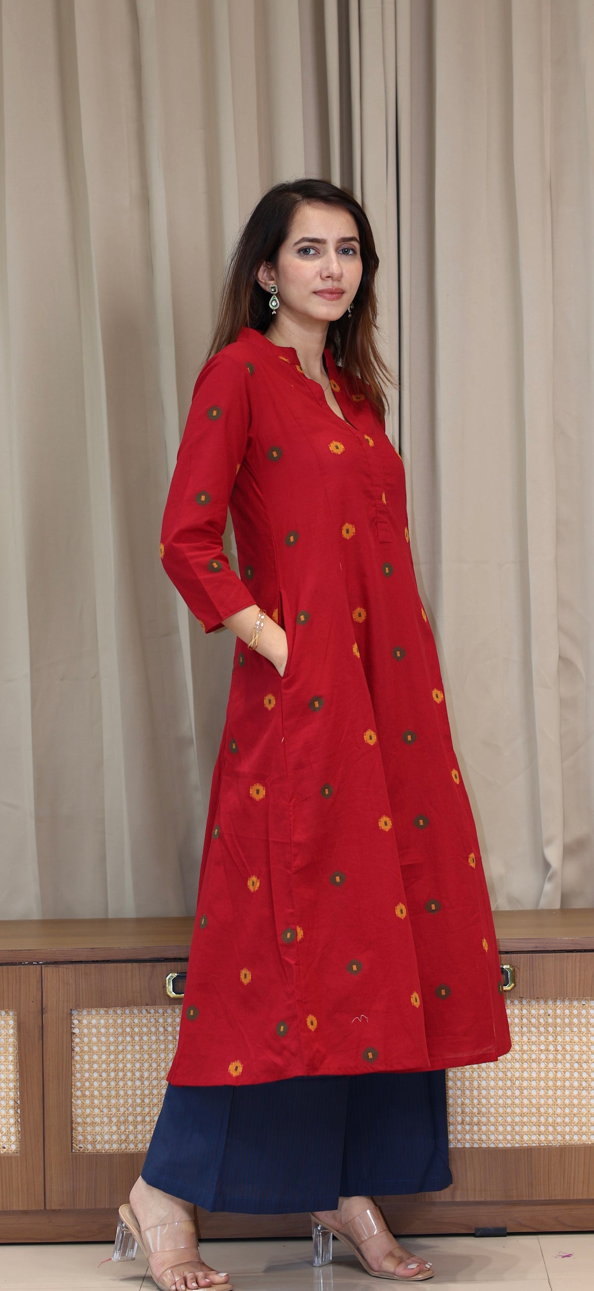 Spiti Handwoven Cotton Kurta- Red/Blue