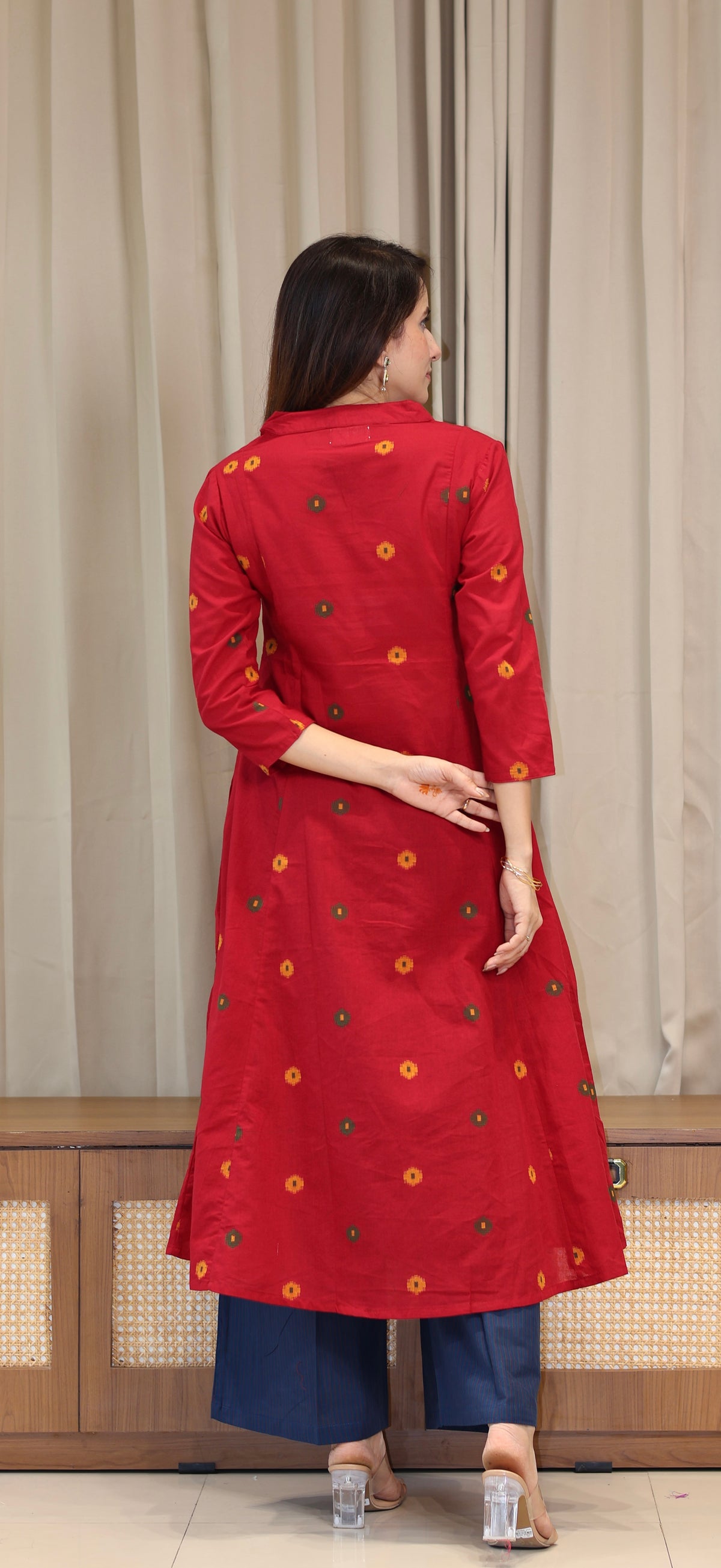 Spiti Handwoven Cotton Kurta- Red/Blue