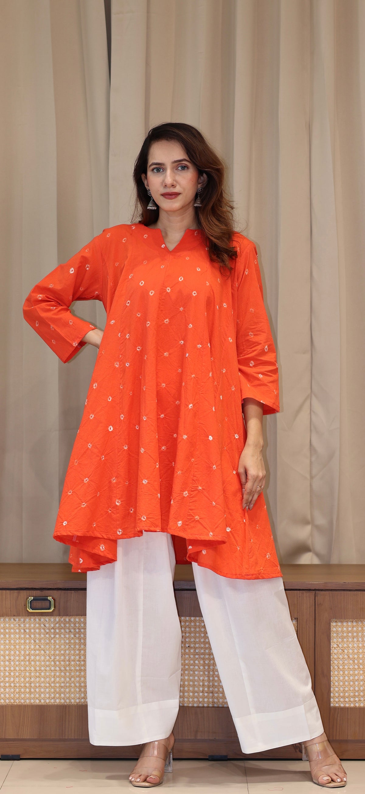 Orange Bandhani Pure Cotton Kali Kurta