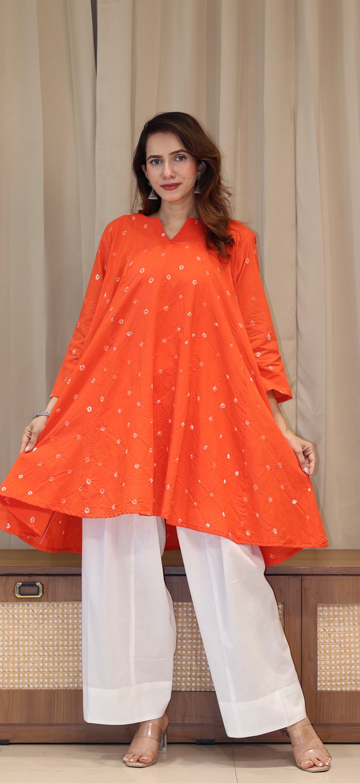 Orange Bandhani Pure Cotton Kali Kurta