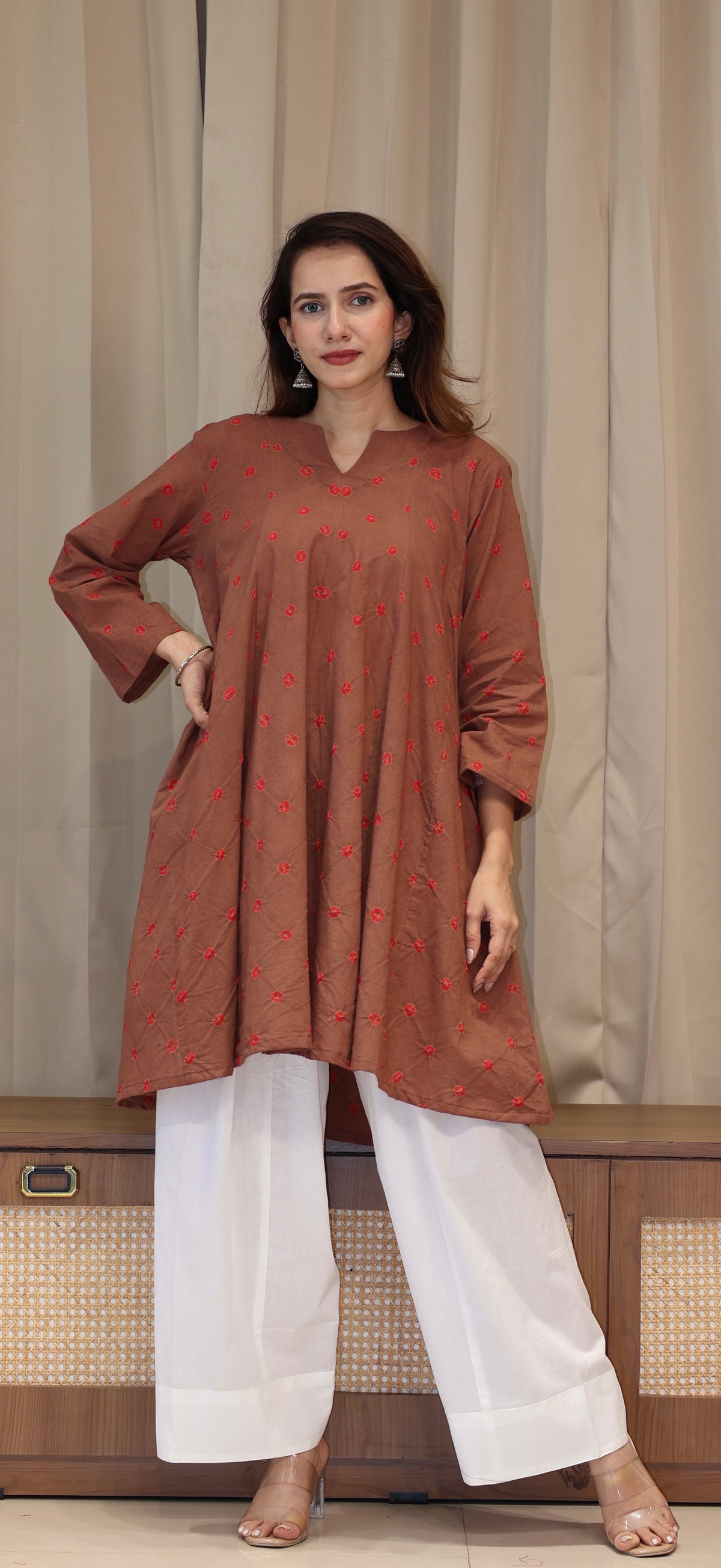 Brown-Red Bandhani Pure Cotton Kali Kurta