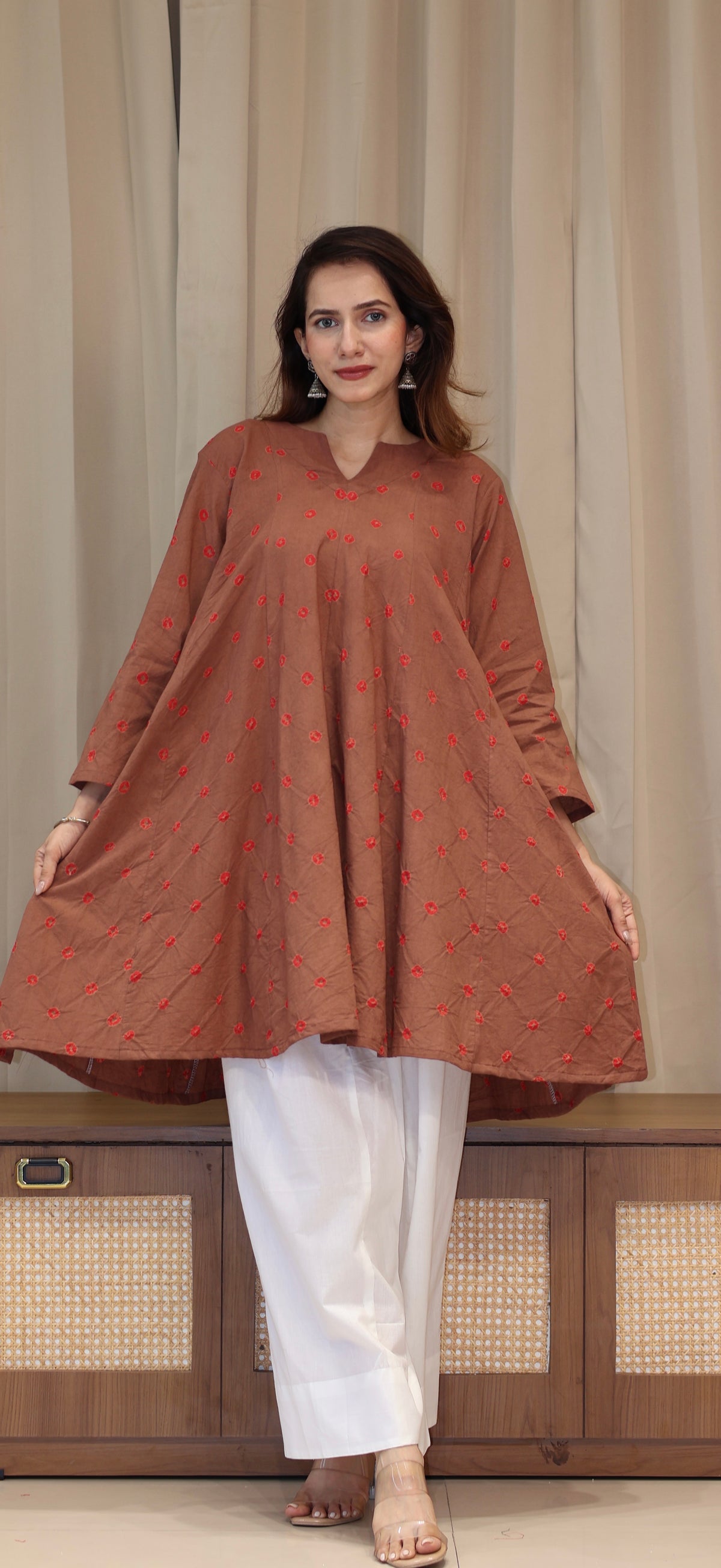 Brown-Red Bandhani Pure Cotton Kali Kurta