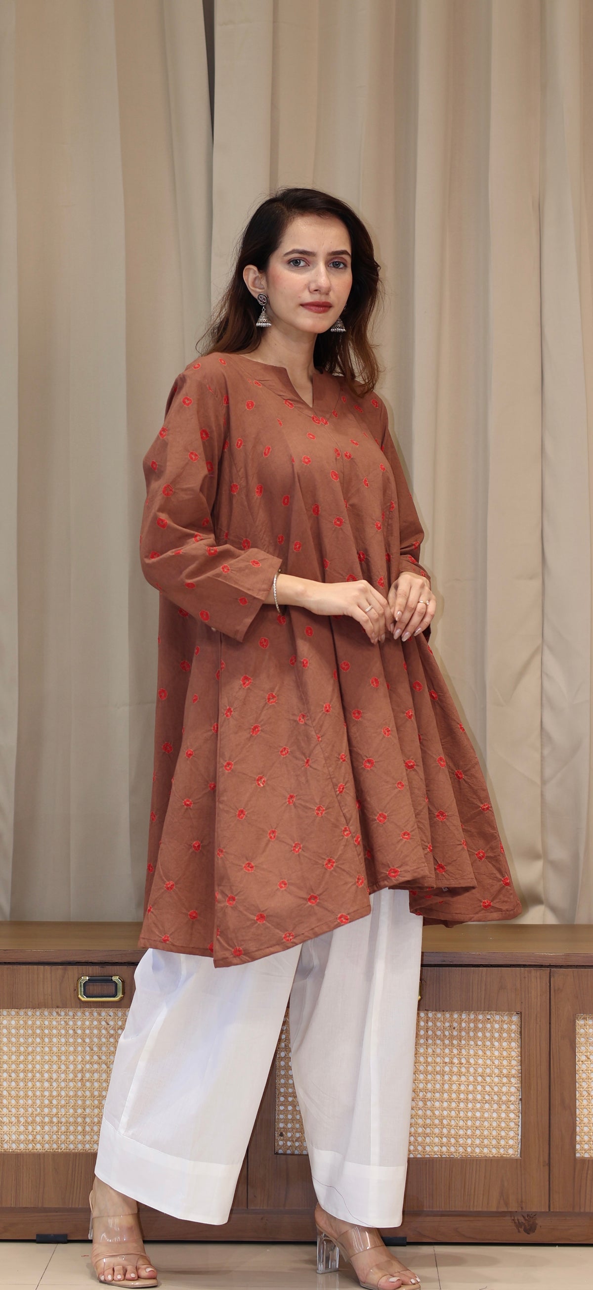 Brown-Red Bandhani Pure Cotton Kali Kurta