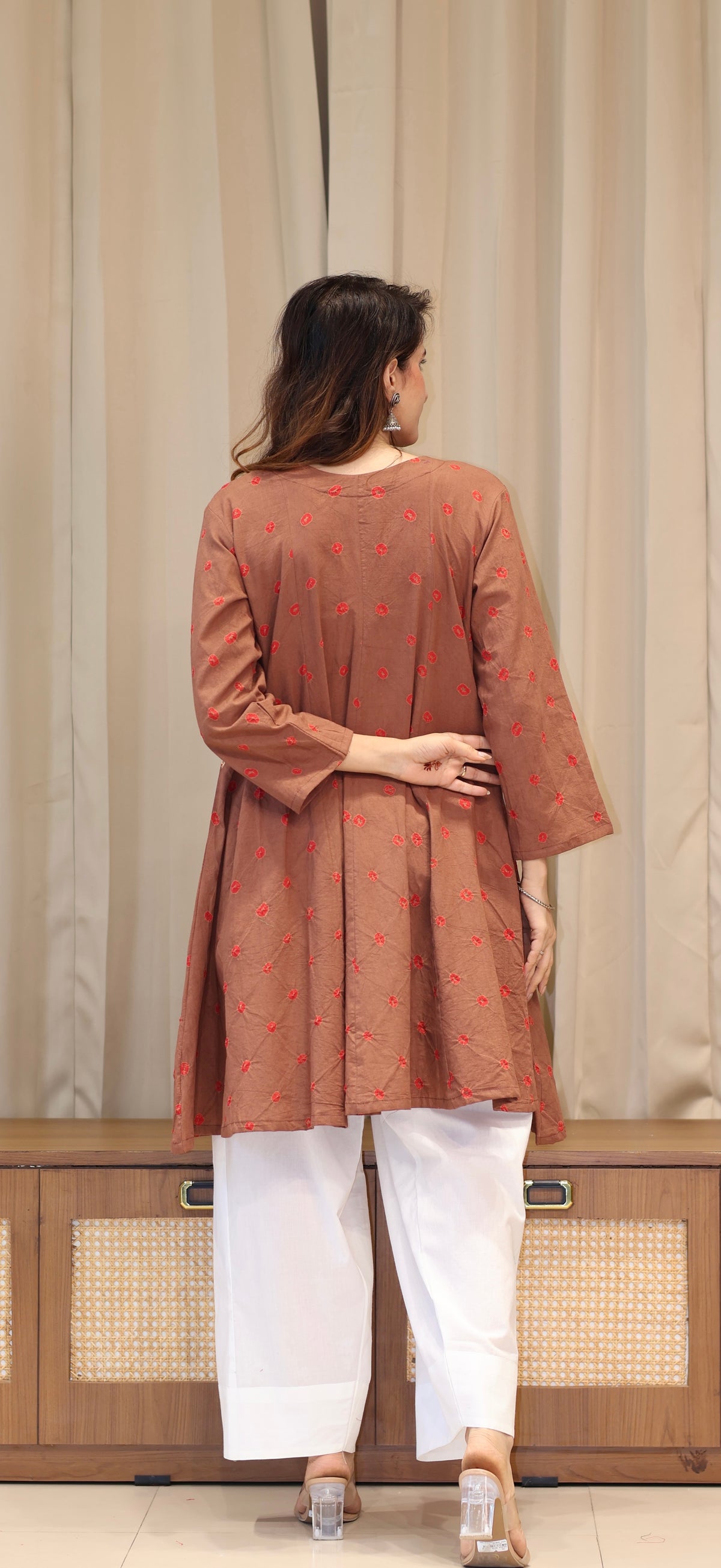 Brown-Red Bandhani Pure Cotton Kali Kurta