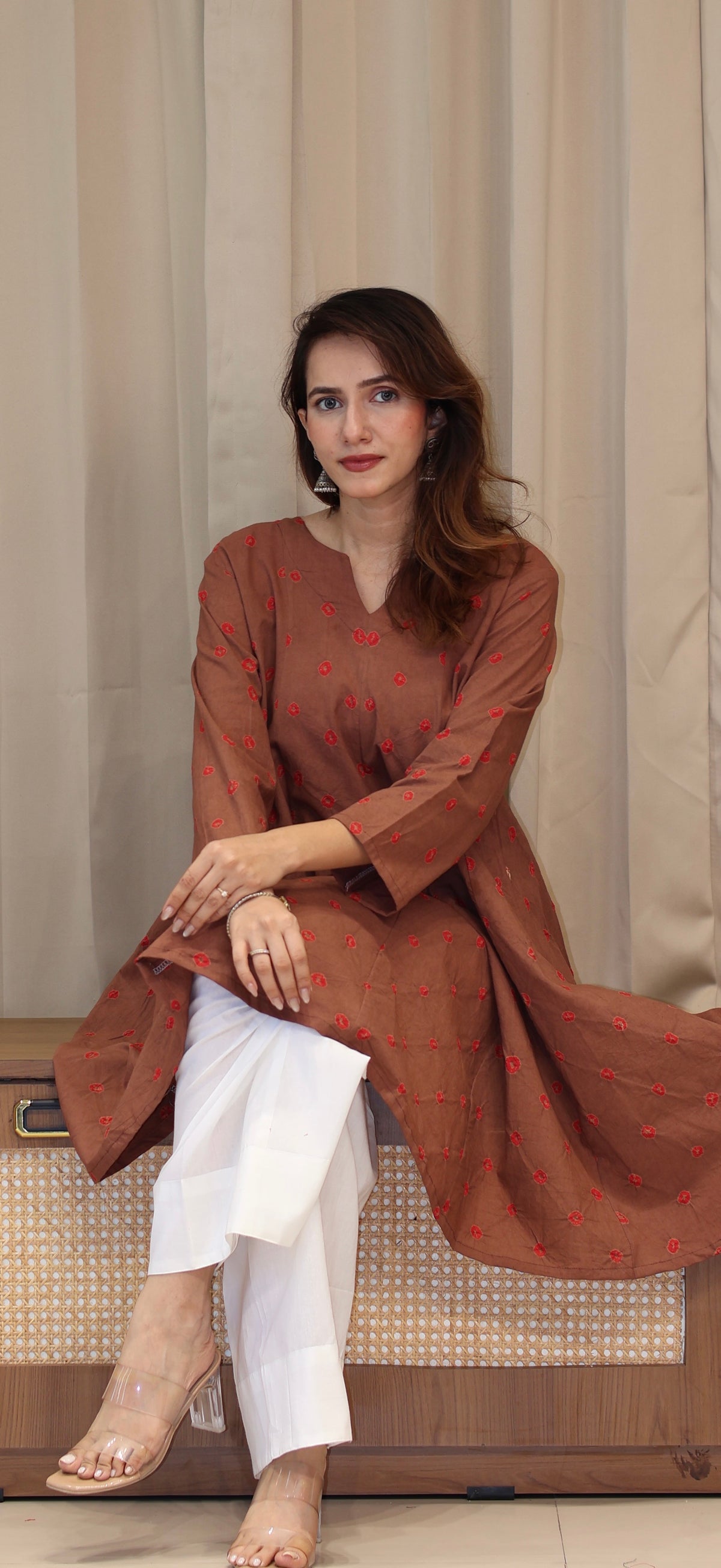Brown-Red Bandhani Pure Cotton Kali Kurta